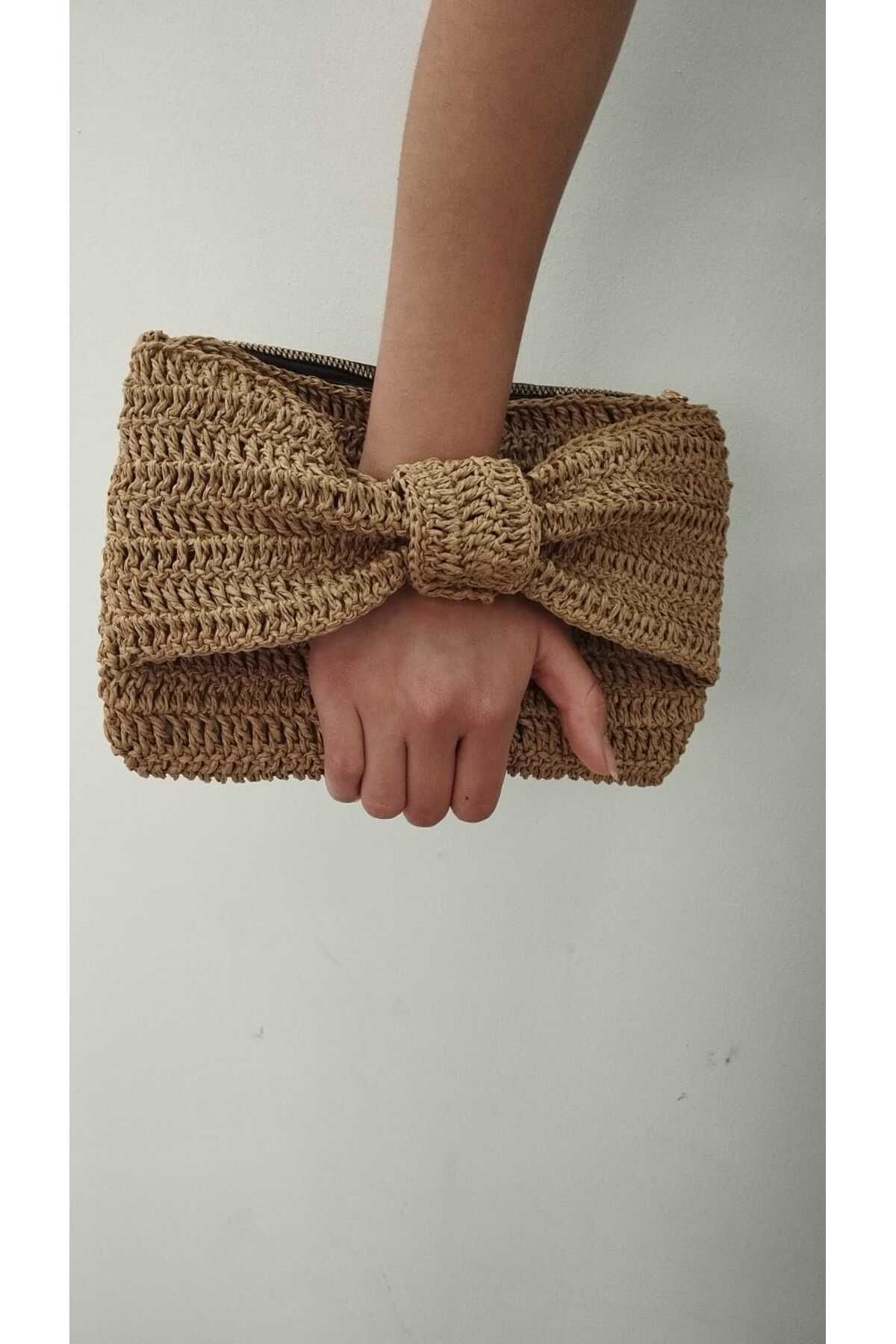 Butik Kağıt İp Örgü Clutch Çanta Hasır Fiyonk