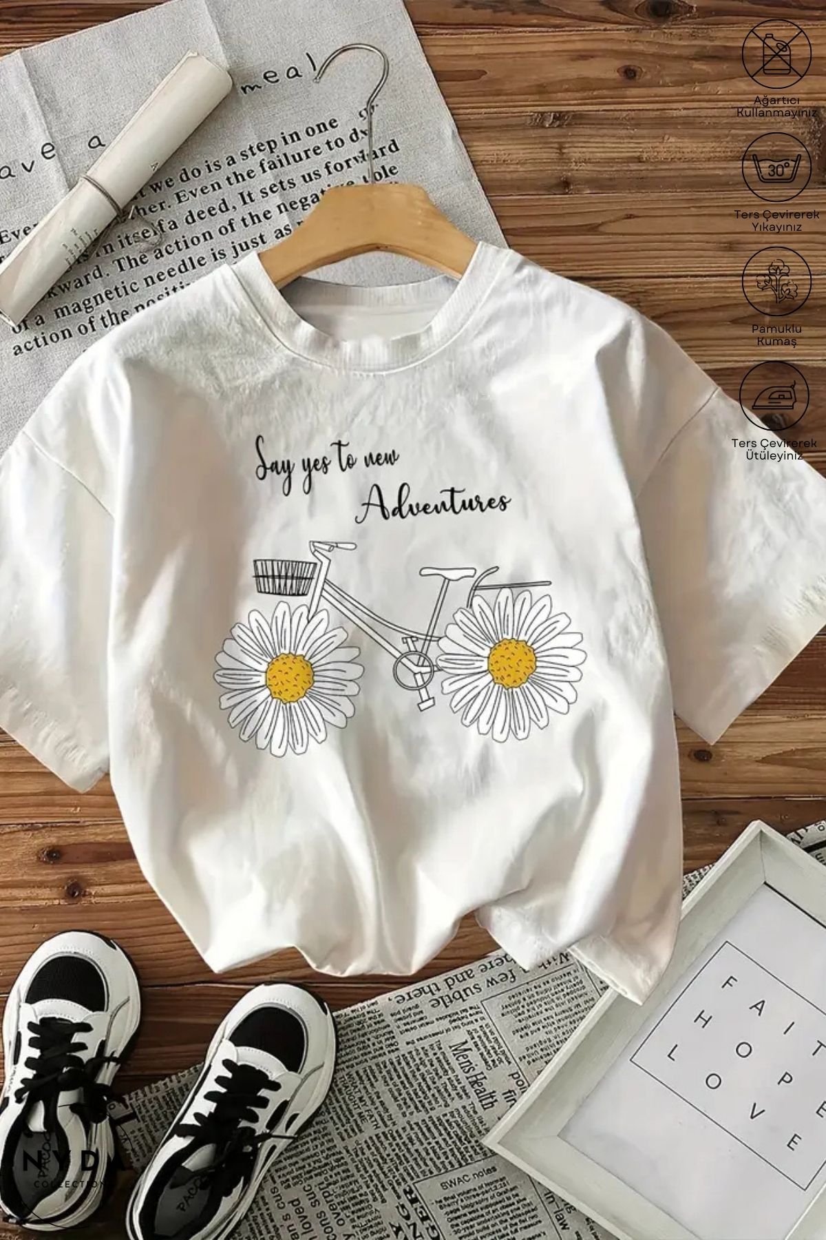Nyda Collections Kadın Bisiklet Yaka Pinterest Baskılı Pamuk Oversize Kısa Kollu Tişört