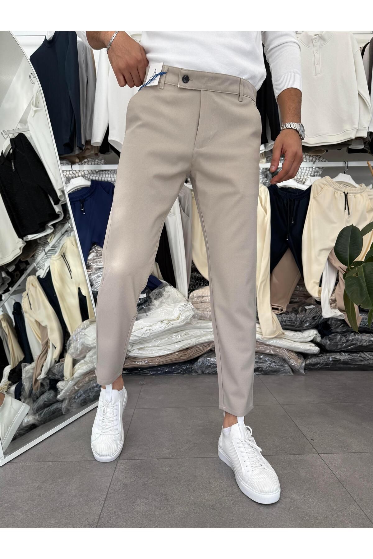 Butik %100 Likralı Slimfit Dil Detaylı Kumaş Pantolon Bej