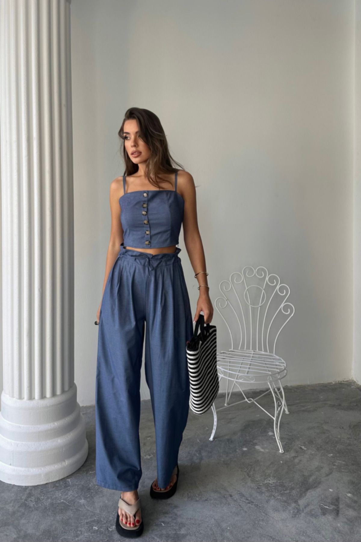 civetta TENCELCROP ASKILI BLUZ - ŞALVAR PANTOLON TK - İndigo