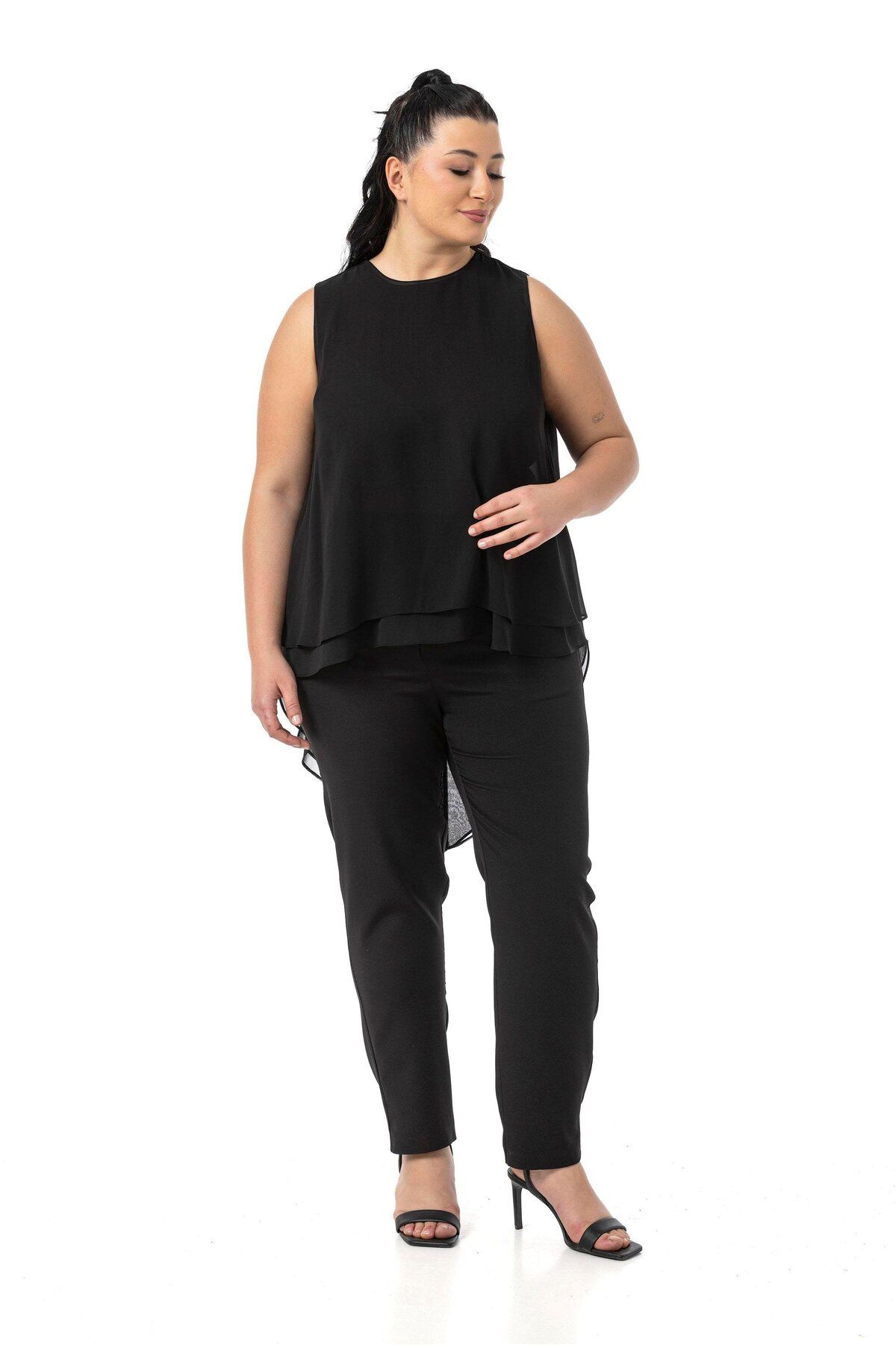 DISENTIS MODEST-Large Size Back Button Asymmetrical Cut Double Layer Chiffon Black Blouse 2
