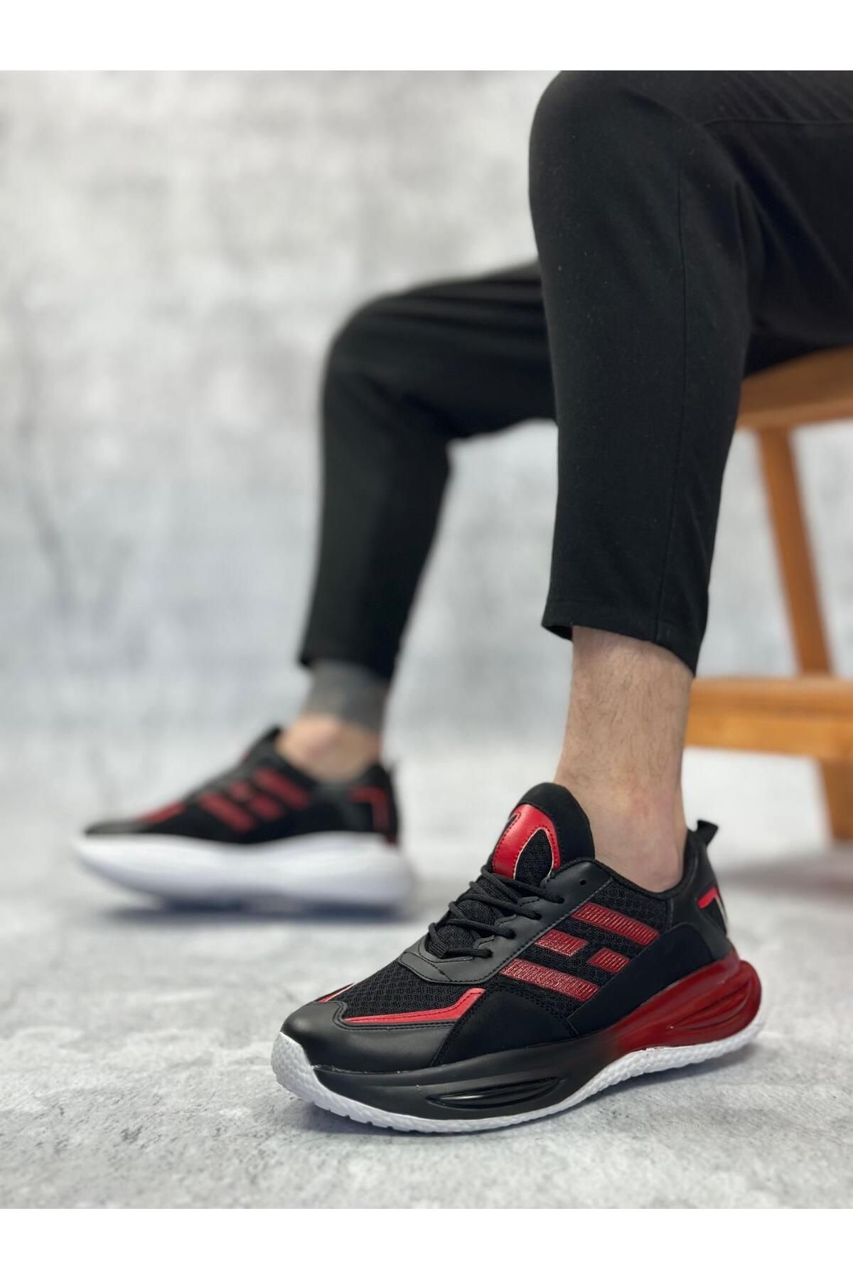 Byshoes BA0650 Tarz Sneakers Yüksek Taban Siyah Kırmızı Spor Ayakkabısı