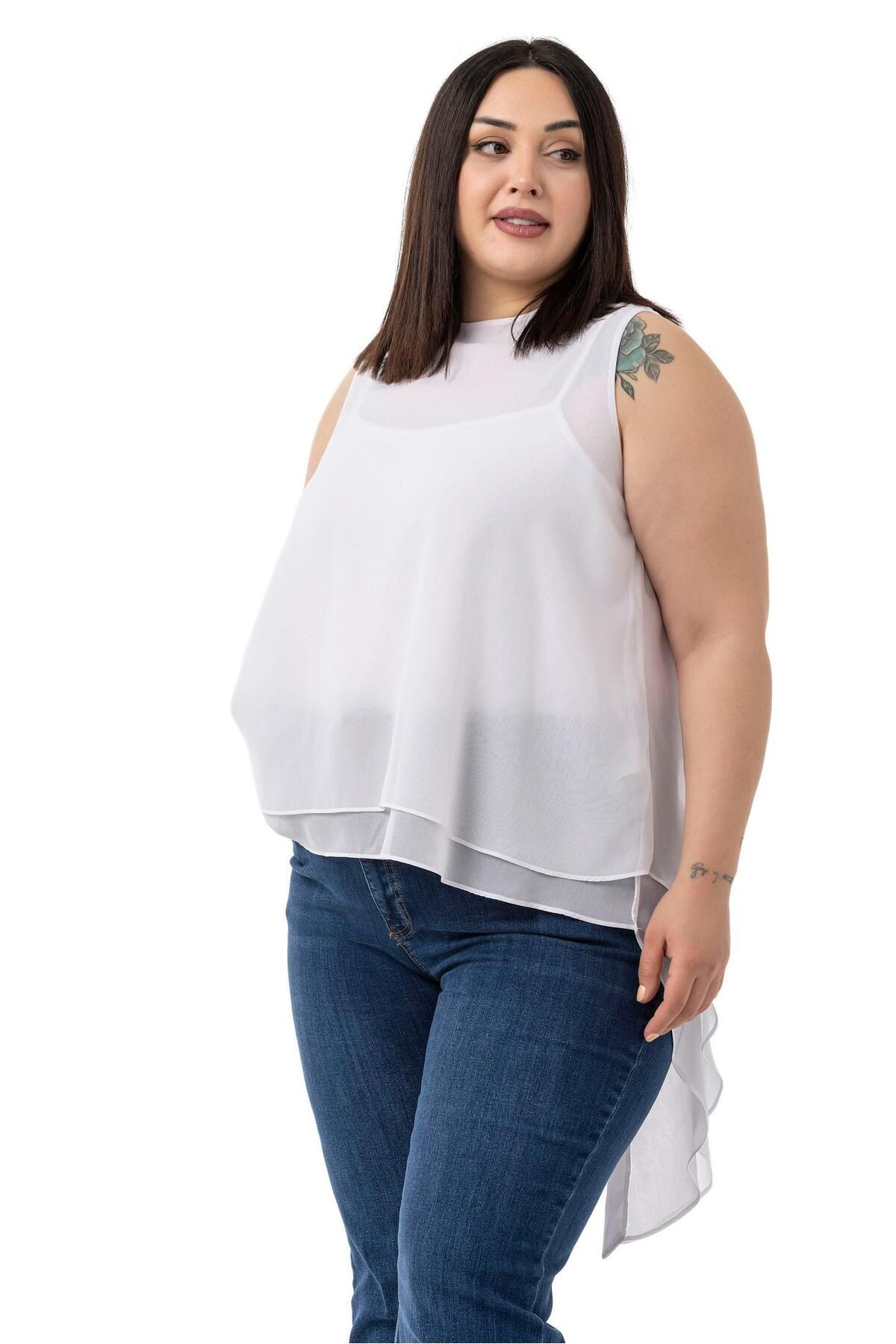 DISENTIS MODEST-Large Size Back Button Asymmetrical Cut Double Layer Chiffon White Blouse 4