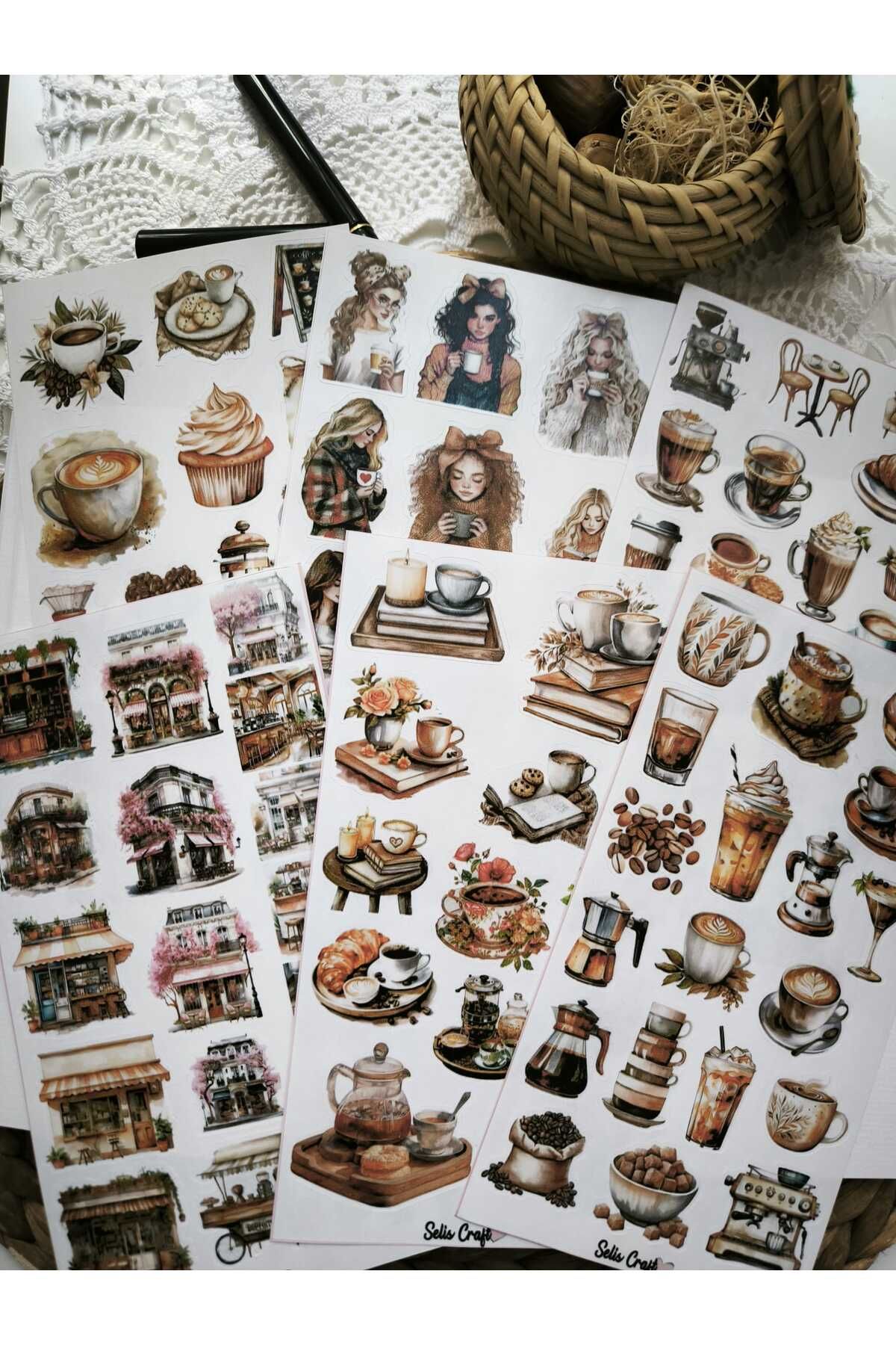 SelisCraft 6lı Kahve Sever Kuşe Sticker Seti 01 Ajanda Planlayıcı Bullet Journal Için Uygundur