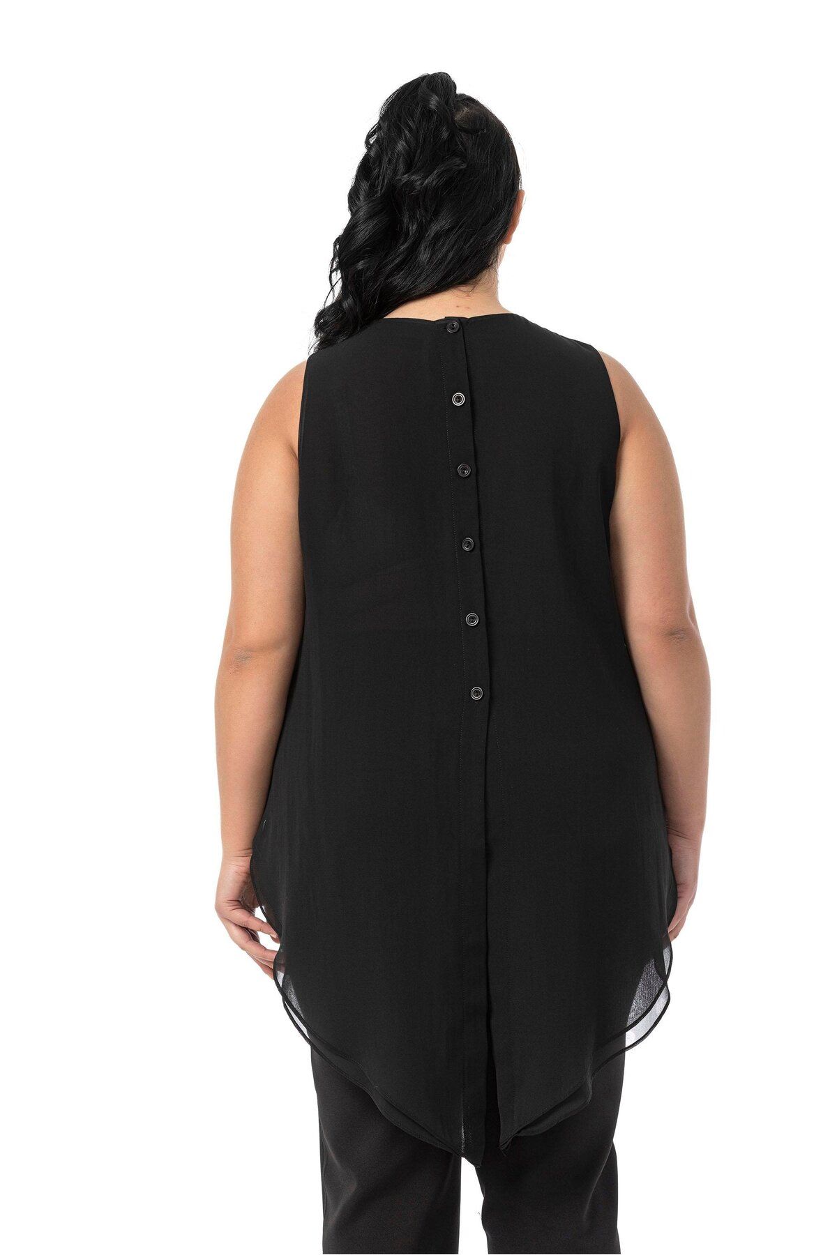 DISENTIS MODEST-Large Size Back Button Asymmetrical Cut Double Layer Chiffon Black Blouse 3