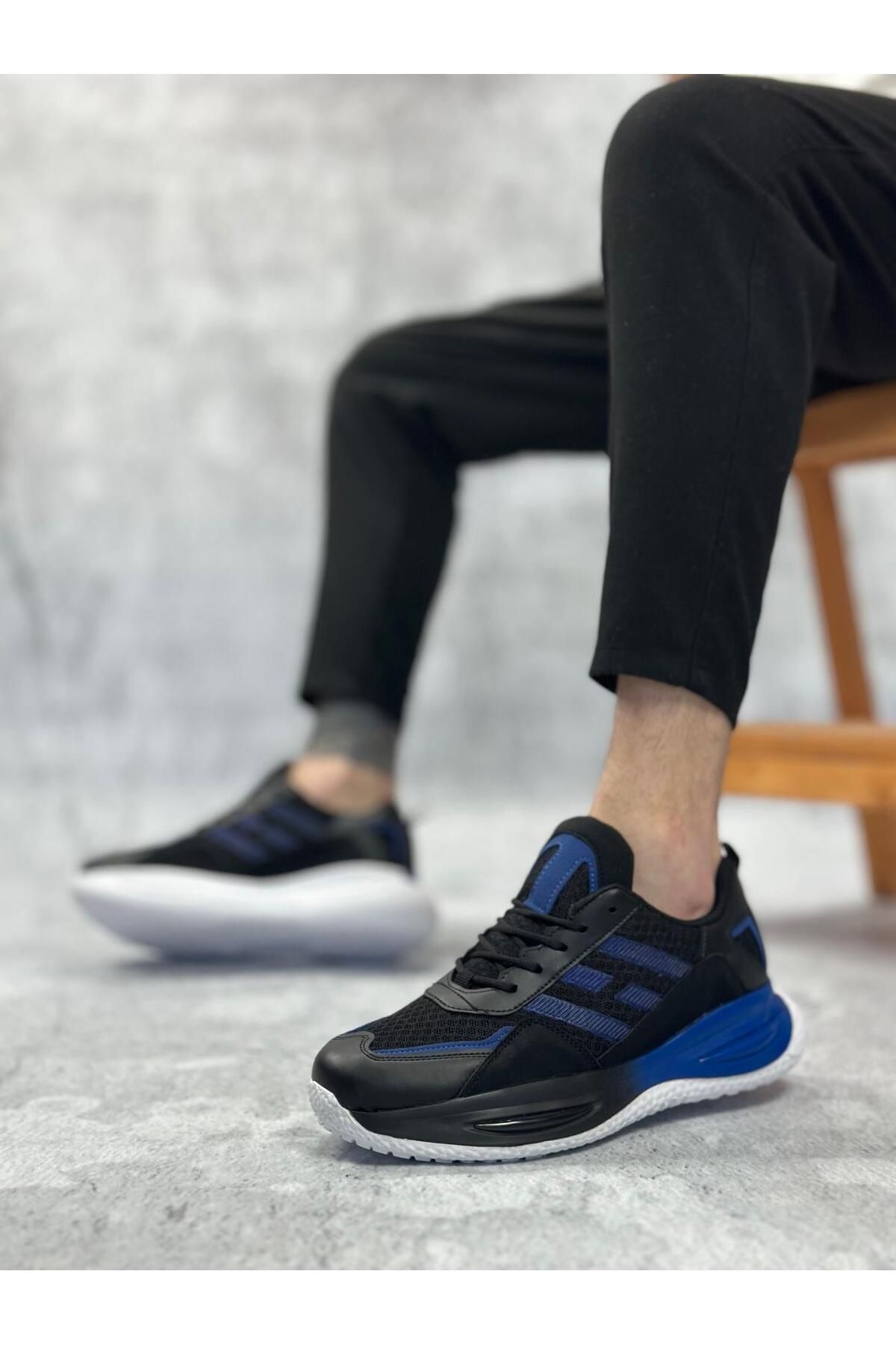 Byshoes BA0650 Tarz Sneakers Yüksek Taban Siyah Mavi Spor Ayakkabısı