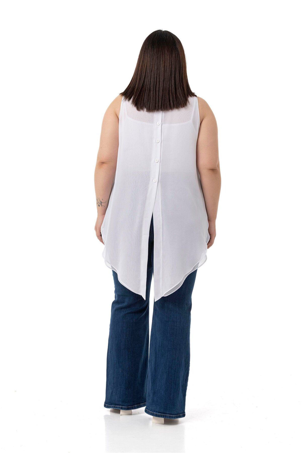 DISENTIS MODEST-Large Size Back Button Asymmetrical Cut Double Layer Chiffon White Blouse 3