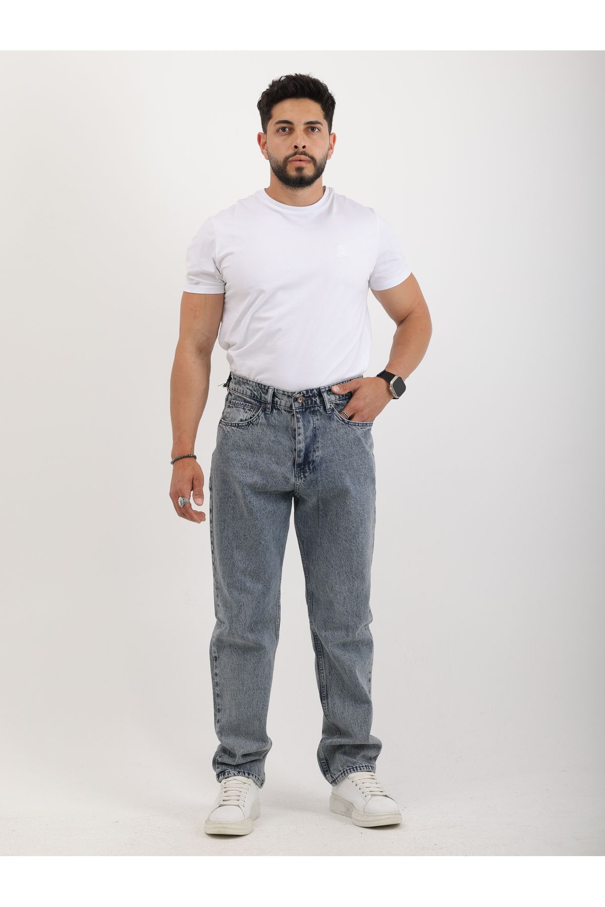 cliento Erkek Baggy Fit Rahat Kesim Düz Paça Açık İndigo Jean Pantolon