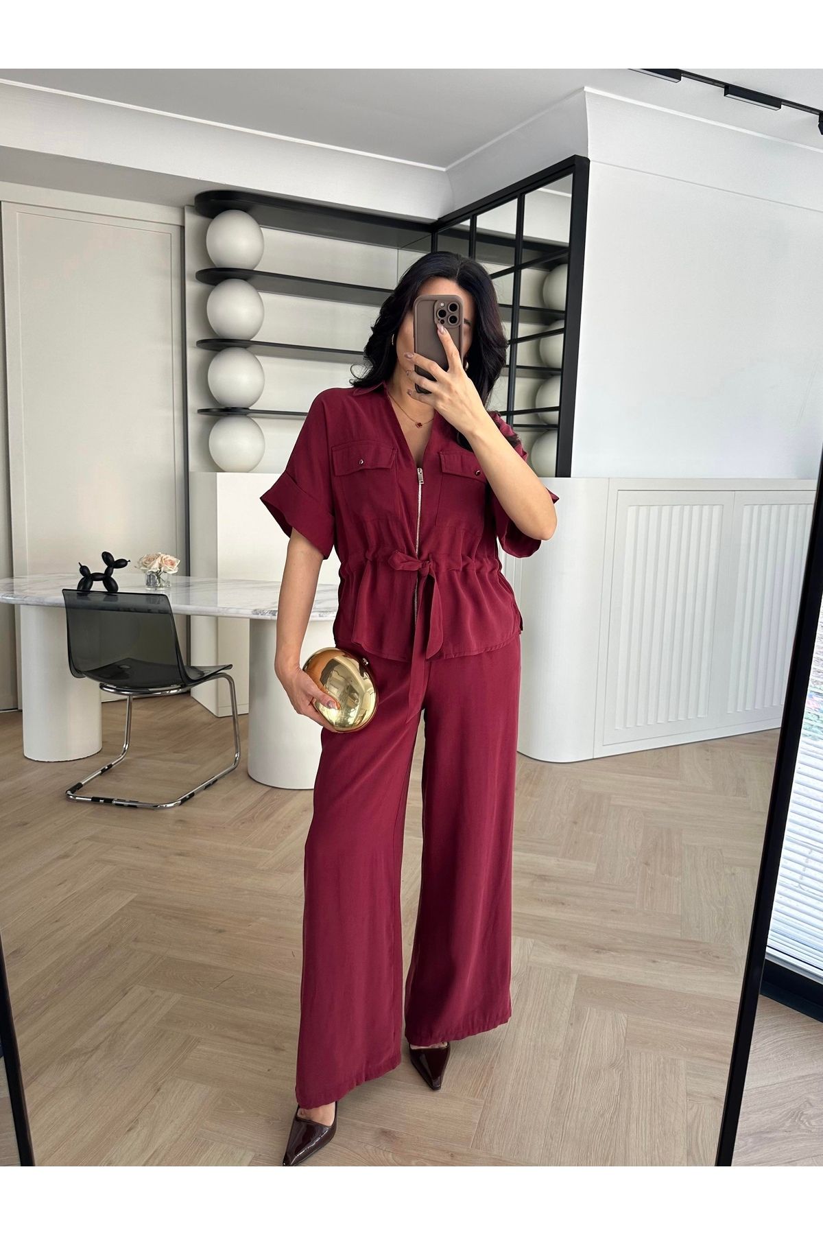 youlike butik Bağlamalı Beli Latikli Fermuarlı Premium Kumaş İkili Takım