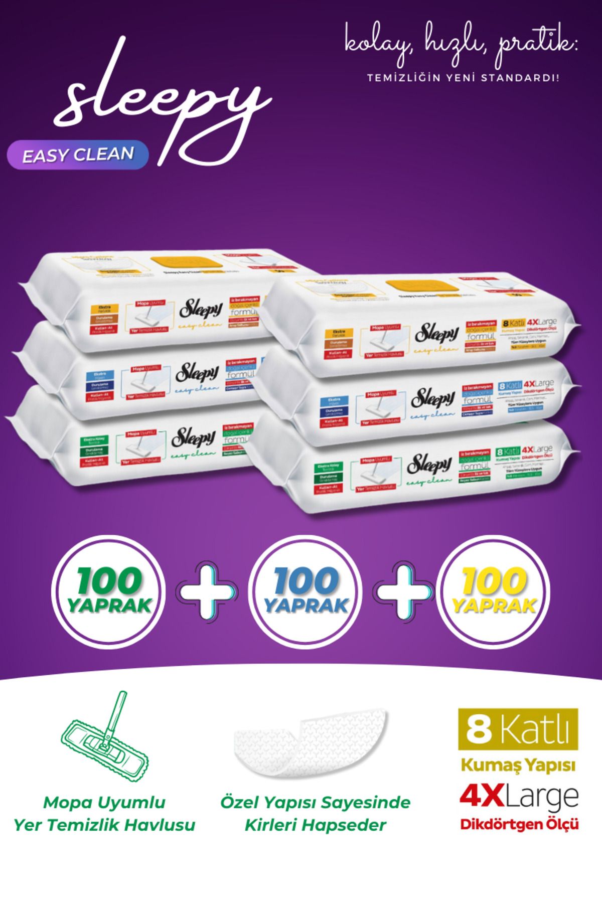 Sleepy 4xl Easy Clean Mopa Uyumlu Yer Temizlik Havlusu Arap Sabun-Beyaz Sabun-Çamaşır Suyu (300 Yaprak)