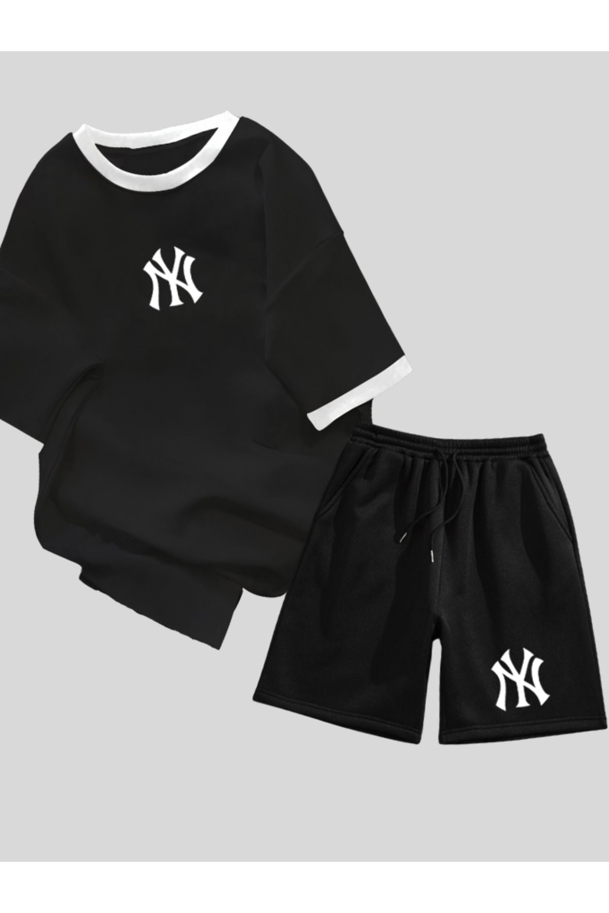 Revasser Unisex Kadın/Erkek Renkli Yaka NY Özel T-Shirt Alt Üst Özel Baskılı Şortlu Takım