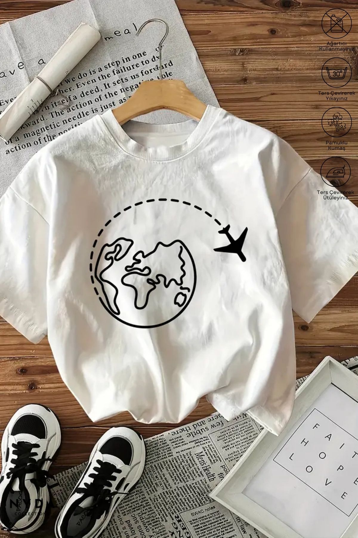 Nyda Collections Kadın Bisiklet Yaka Pinterest Baskılı Pamuk Oversize Kısa Kollu Tişört