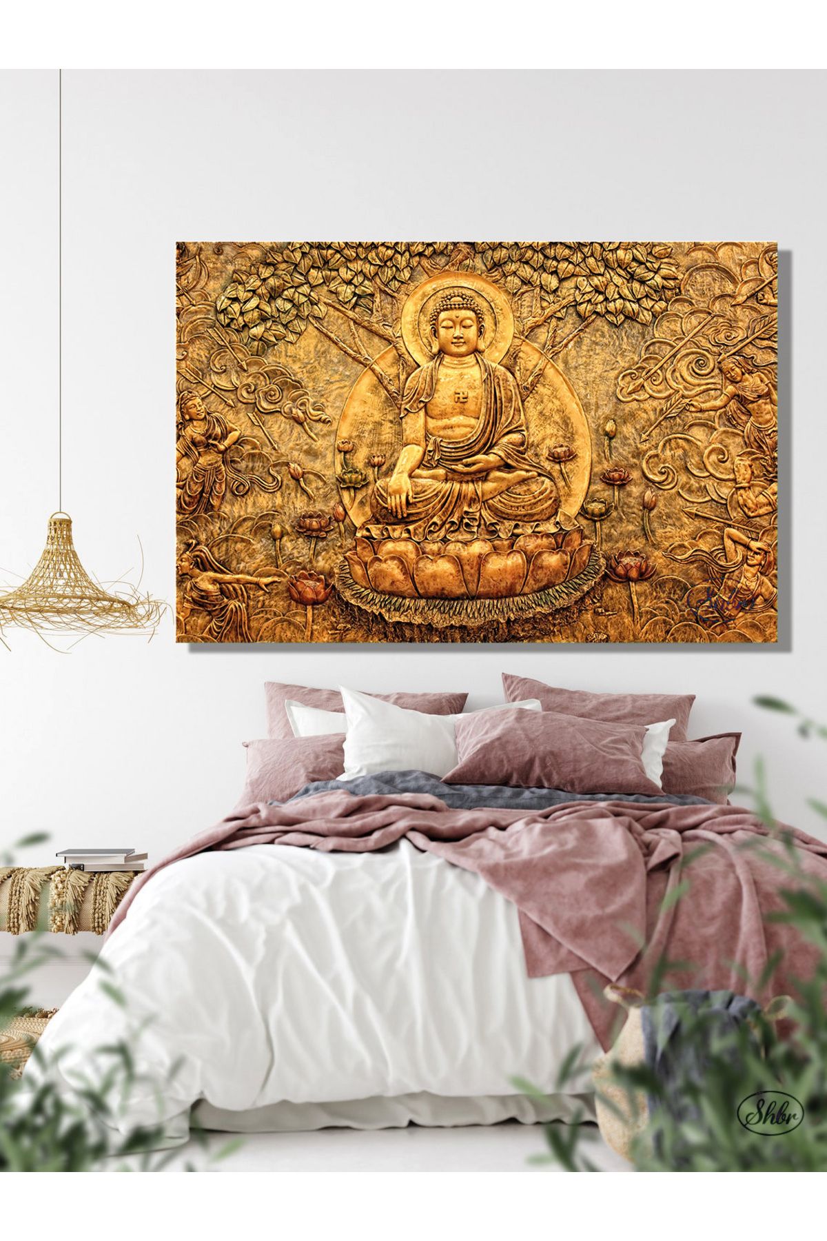 Şehber Tekli Yatay Kanvas Tablo, Buda, Meditasyon, Yoga, Yaşam Ağacı, Dekoratif Kanvas Duvar Tablosu