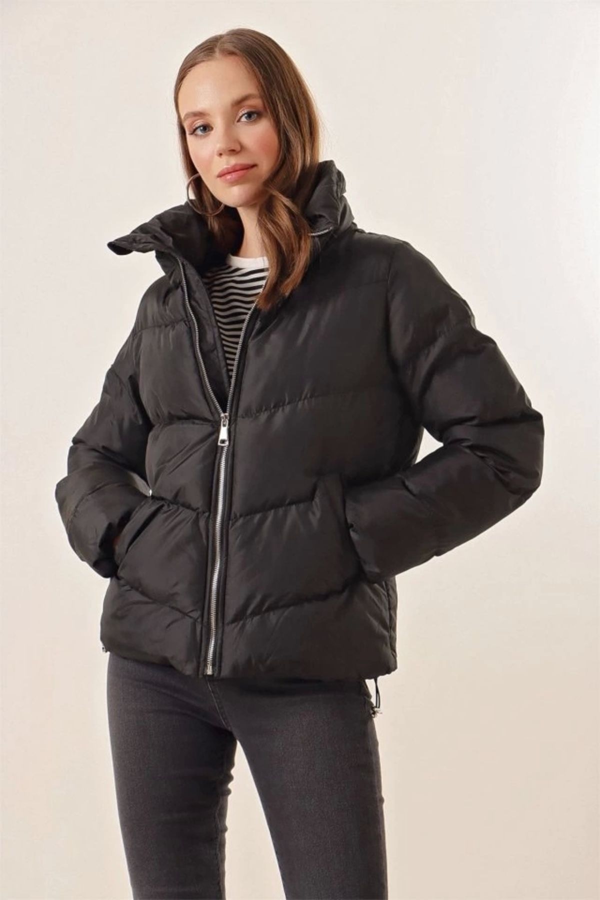 MODA 5205 Dik Yaka Fermuarlı Şişme Mont Siyah
