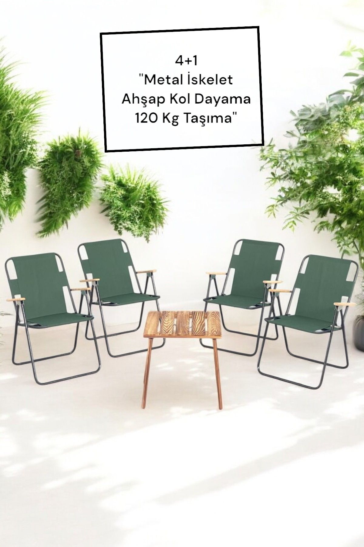 onehediye 4+1 Ahşap Sephalı Katlanır Portatif Plaj Kamp Piknik Sandaliyesi