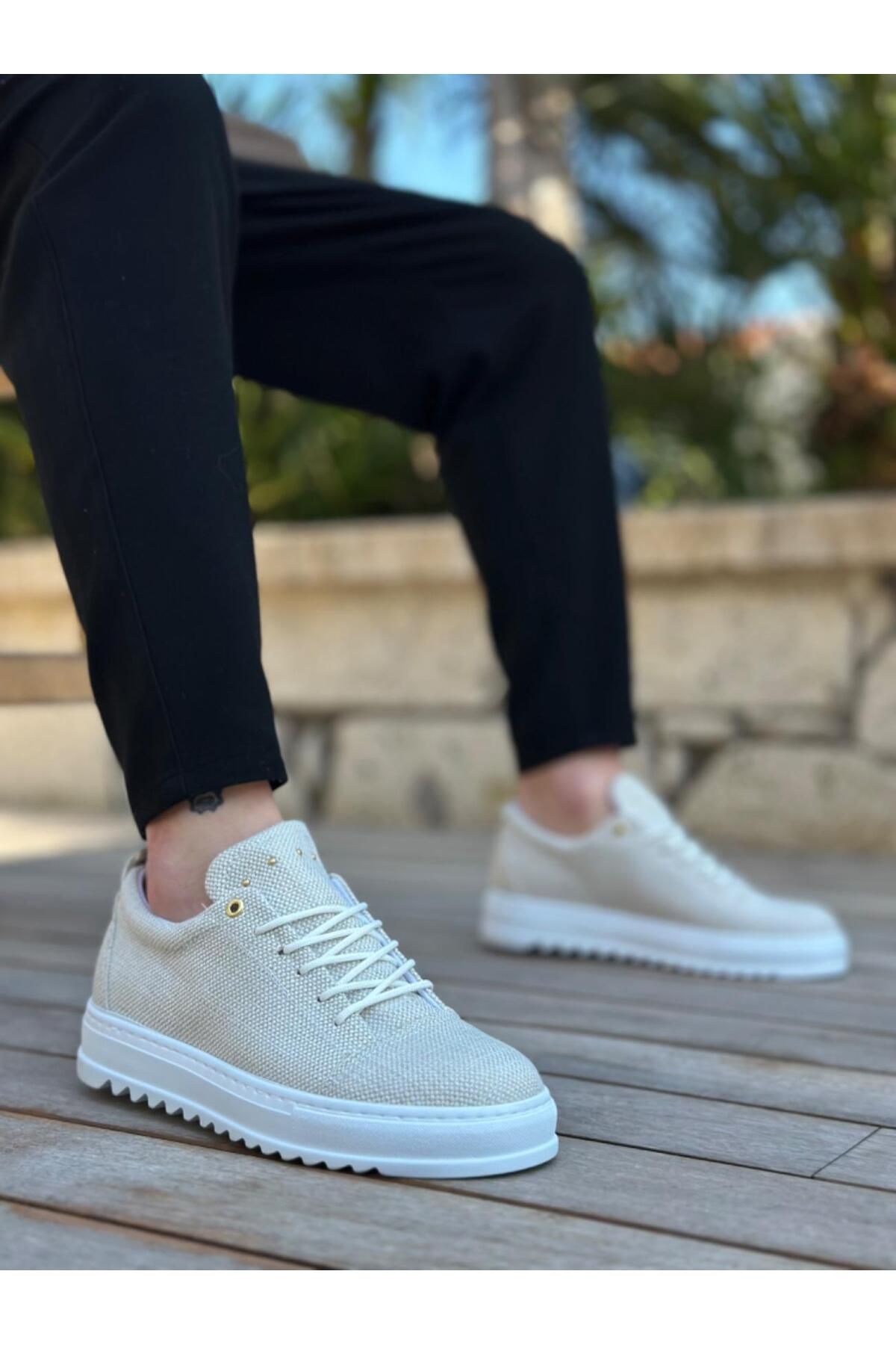 Byshoes BA0152 Bağcıklı Yüksek Taban Krem Keten Erkek Ayakkabı