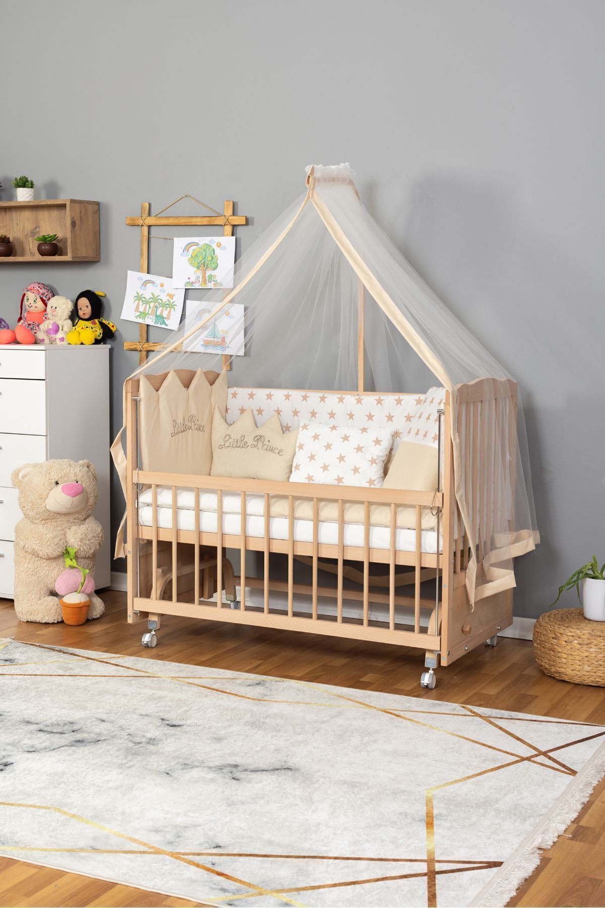 Bamgidoo Ahşap Anne Yanı Portatif Bebek Beşik Modelleri (BOYASIZ)60x120-krem Prens Uyku Seti Yatak Tekerlekli