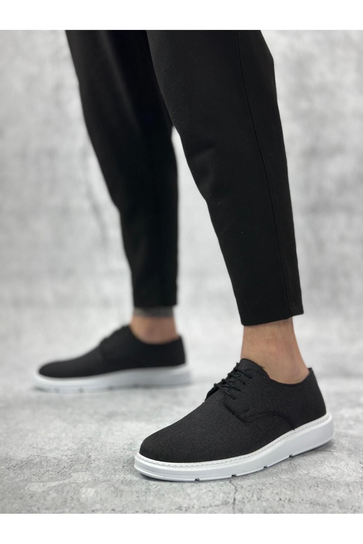 Byshoes BA0003 Bağcıklı Klasik Spor Keten Siyah Beyaz Taban Casual Erkek Ayakkabı