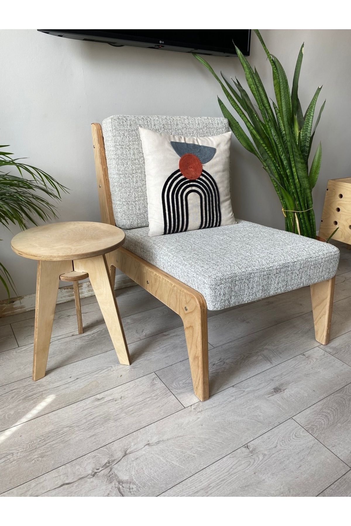 ALMITAL Helle Yuvarlak Tekli Plywood Sehpa – Doğal Ahşap, Modern Tasarım Yan Sehpa