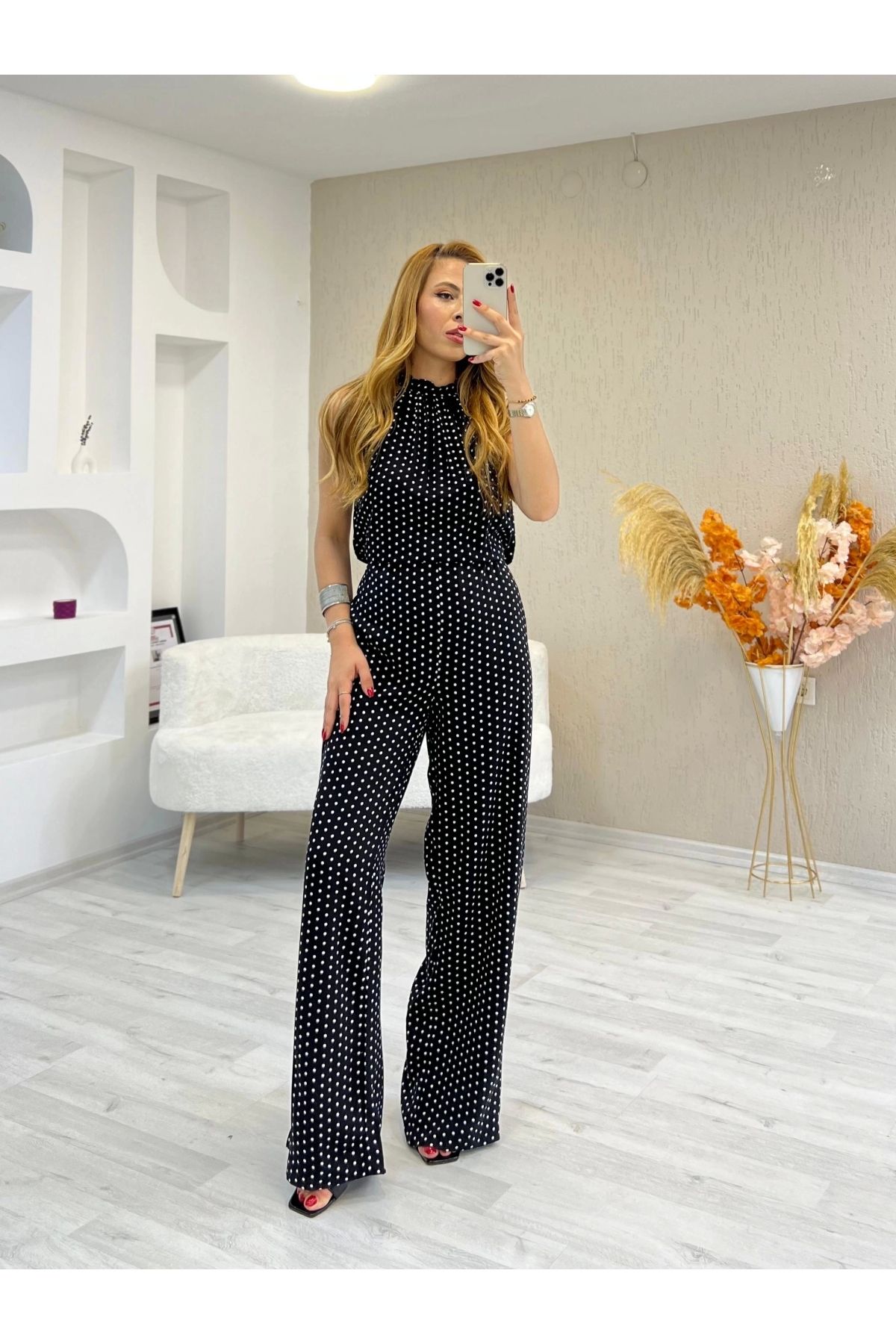 İrka Moda Viskon Kumaş Kuşaklı Puantiyeli Tulum