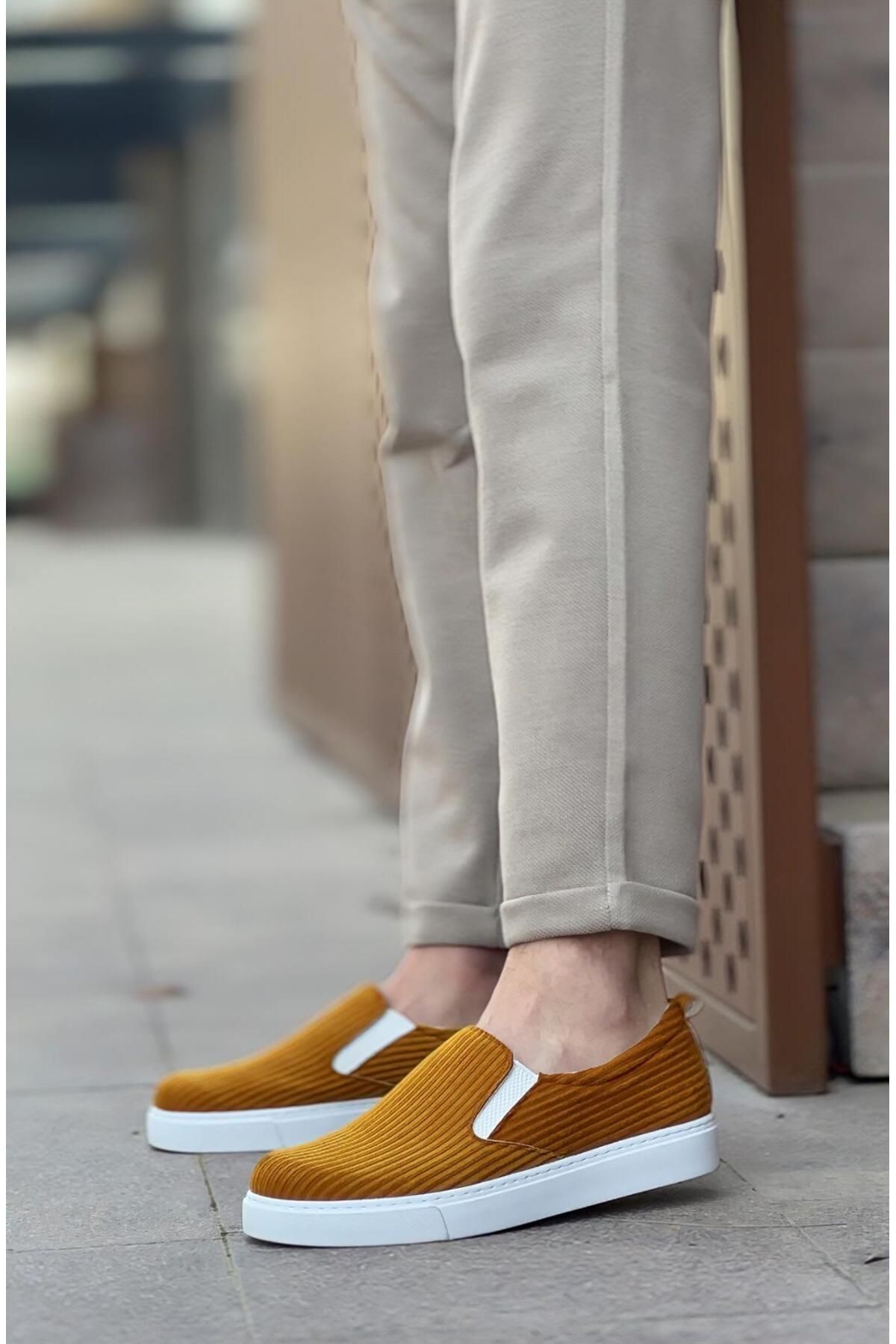Byshoes BA0339 Bağcıksız Kadife Hardal Beyaz Taban Günlük Erkek Ayakkabı