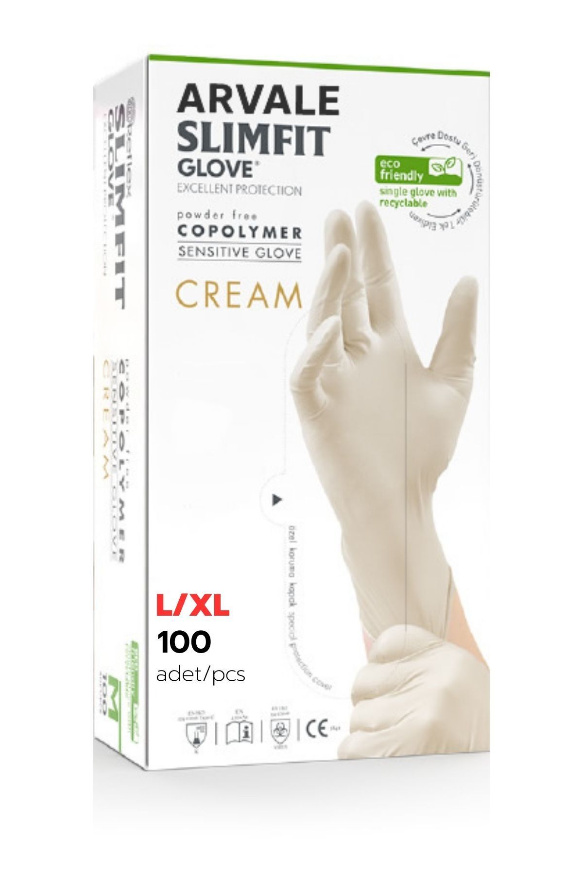 ARVALE 100'lü Slimfit Copolymer Eldiven L/XL KREM