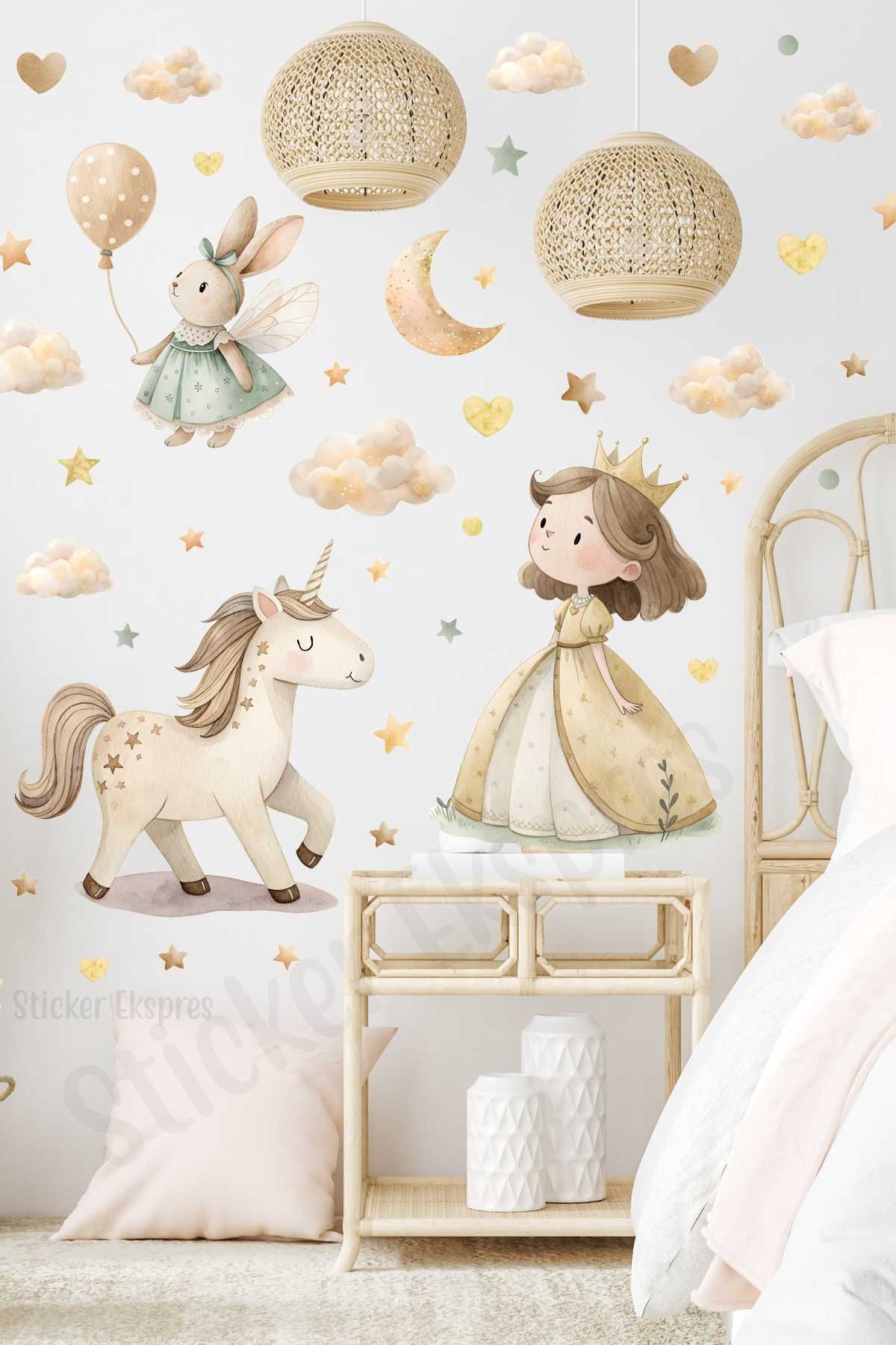 Sticker Ekspres Bohem Unicorn Ve Prenses Çocuk Odası Duvar Sticker Seti