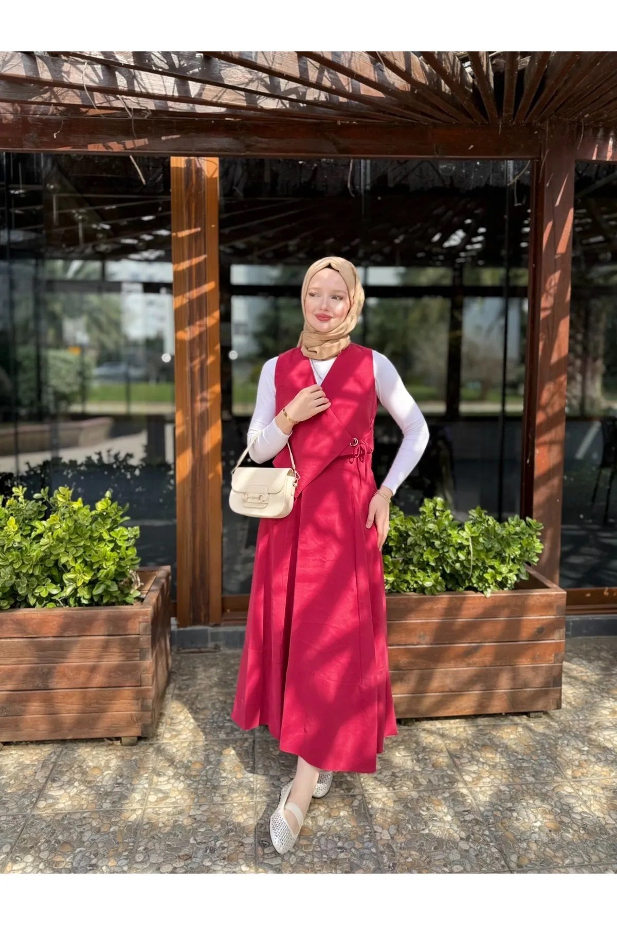 Trendy Butik Kadın Tokalı Yandan Bağlamalı Yelek Etek Takım-Bordo