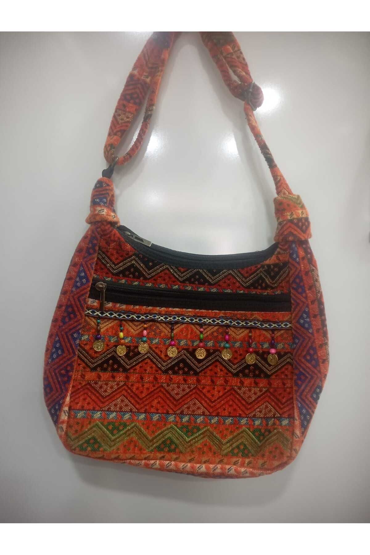 NUR TEKSTİL Kadın turuncu Etnik-otantik Orijinal Kilim Dokuma omuz Çantası Yıkana Bilir Çanta