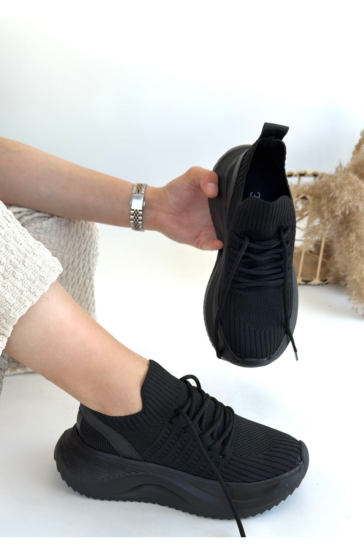 devrialemshoes Jindy Siyah Triko Bağcıklı Spor Ayakkabı