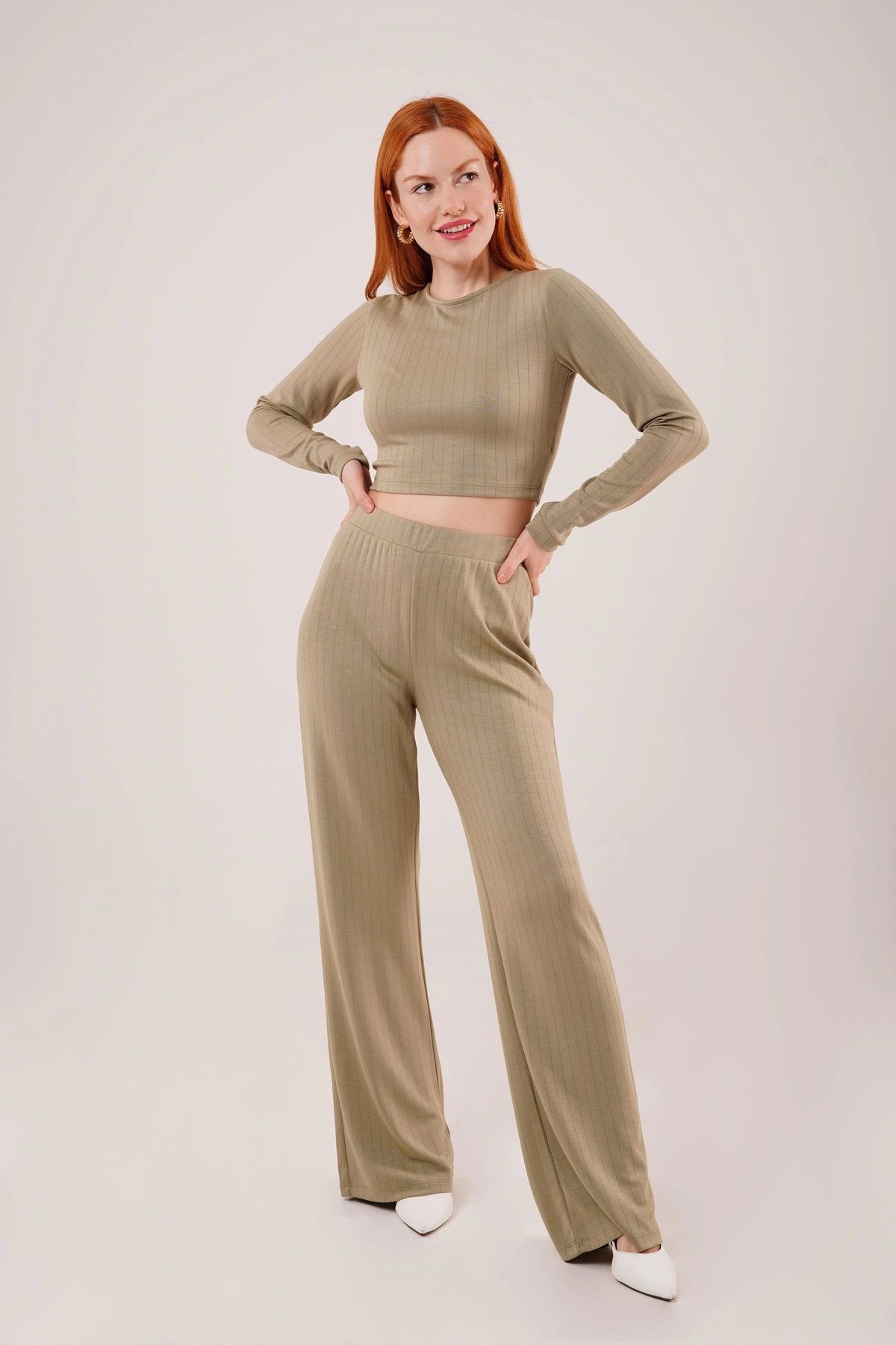 MODA Fitilli Bluz Ve Pantolon Yeşil İkili Takım