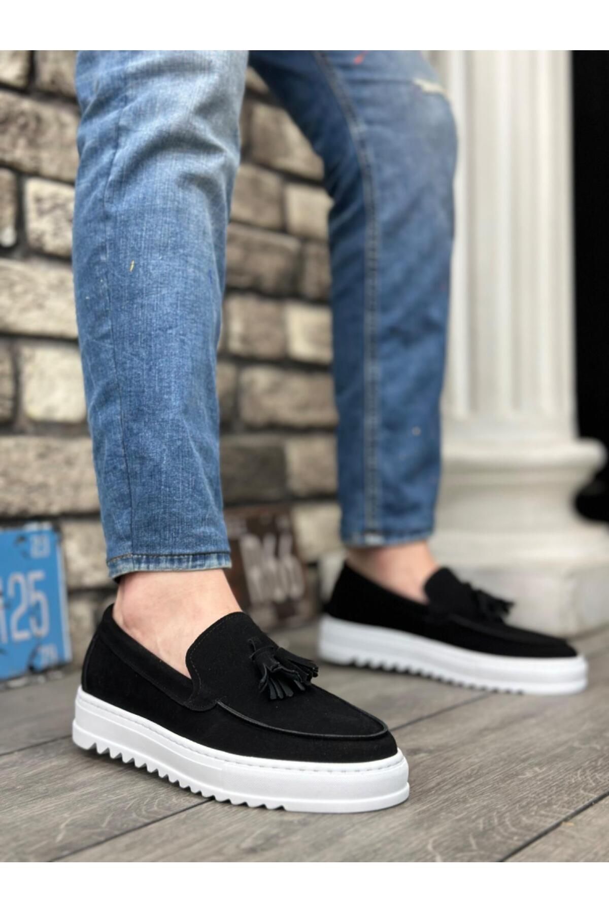 Byshoes BA0154 Bağcıksız Yüksek Taban Süet Siyah Renk Beyaz Taban Püsküllü Erkek Ayakkabı