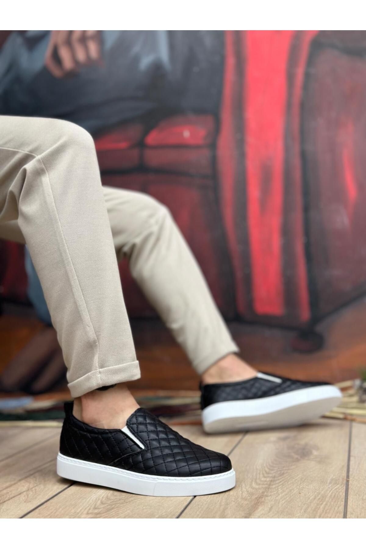 Byshoes BA0353 Bağcıksız Kapitone Siyah Beyaz Taban Günlük Erkek Ayakkabı