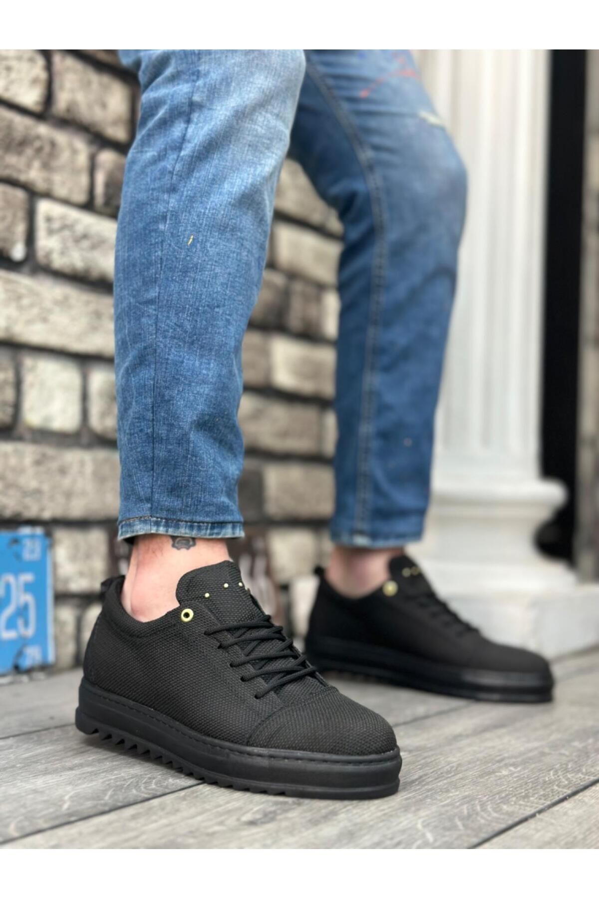 Byshoes BA0152 Bağcıklı Yüksek Taban Siyah Keten Siyah Taban Erkek Ayakkabı