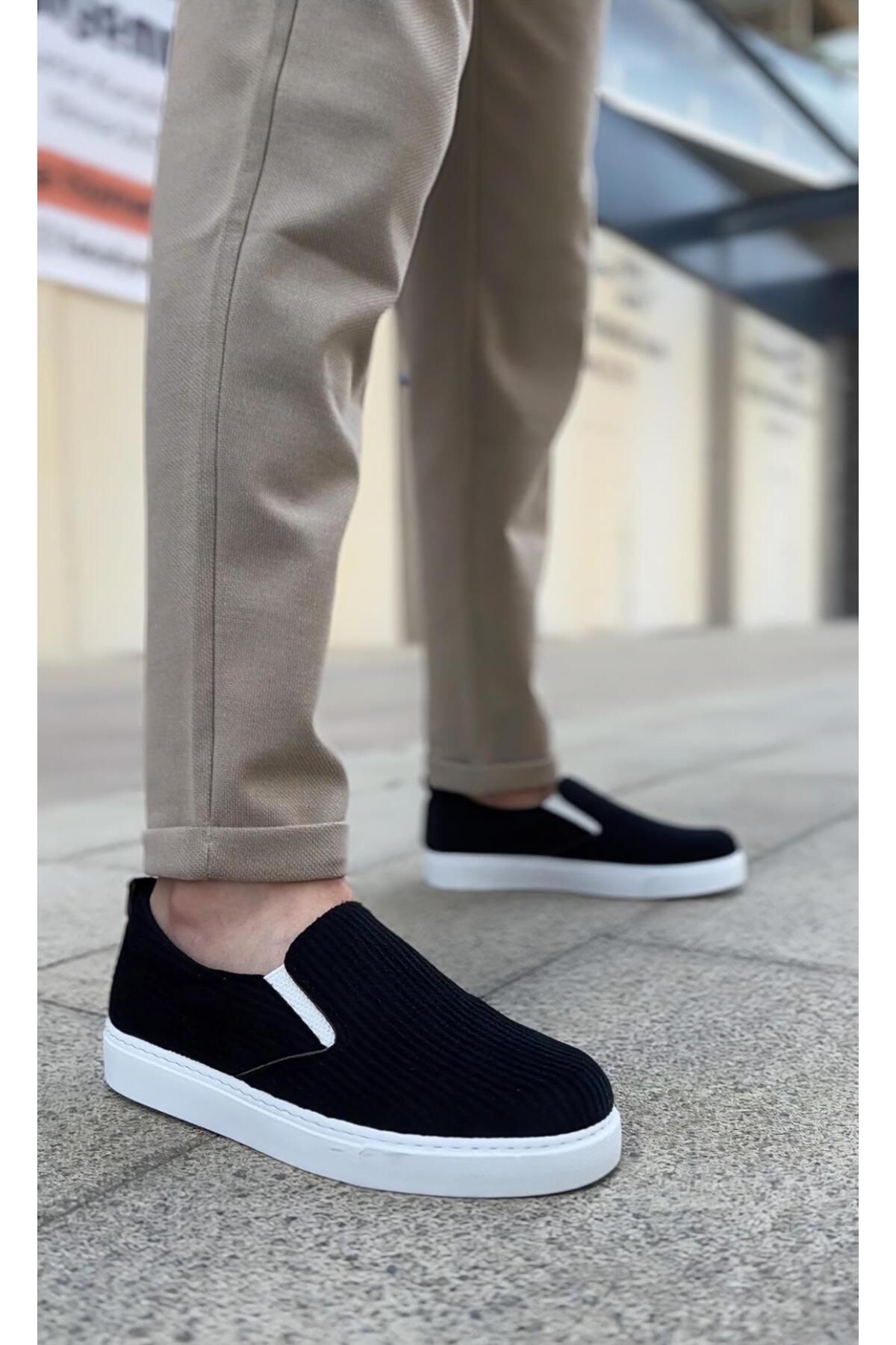 Byshoes BA0339 Bağcıksız Kadife Siyah Beyaz Taban Günlük Erkek Ayakkabı