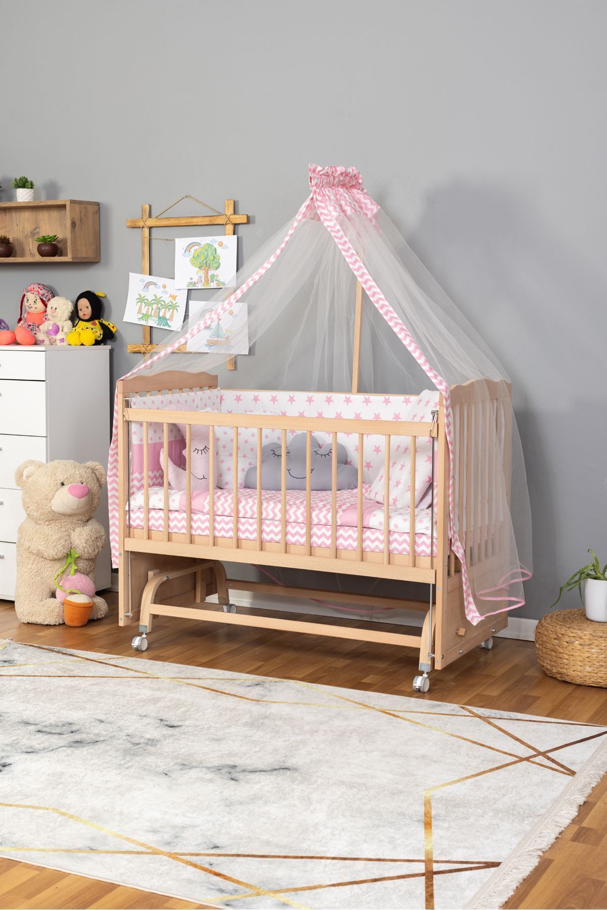 Bamgidoo Ahşap Beşik Anne Yanı Beşik Organik(Boyasız) 60x120-Pembe Yıldız 3 Yastık Uyku Seti+Yatak+Tekerlek fotoğrafı 2 (önizleme)