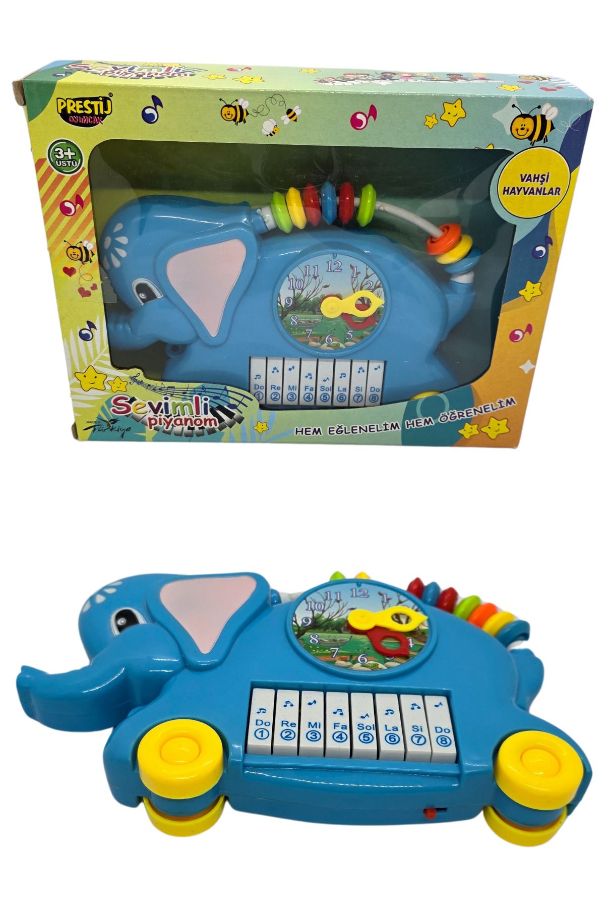 RAF Store Pilli Oyuncak Fil Saatli Boncuk Çıngıraklı Çekçekli Pilli Org Piyano