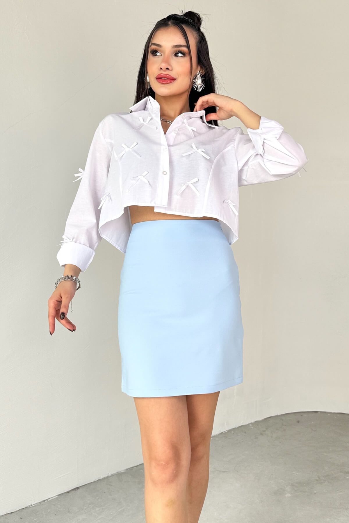 Cappmoda ETK-02337 Mavi Yandan Fermuarlı Astarlı Basic Mini Etek
