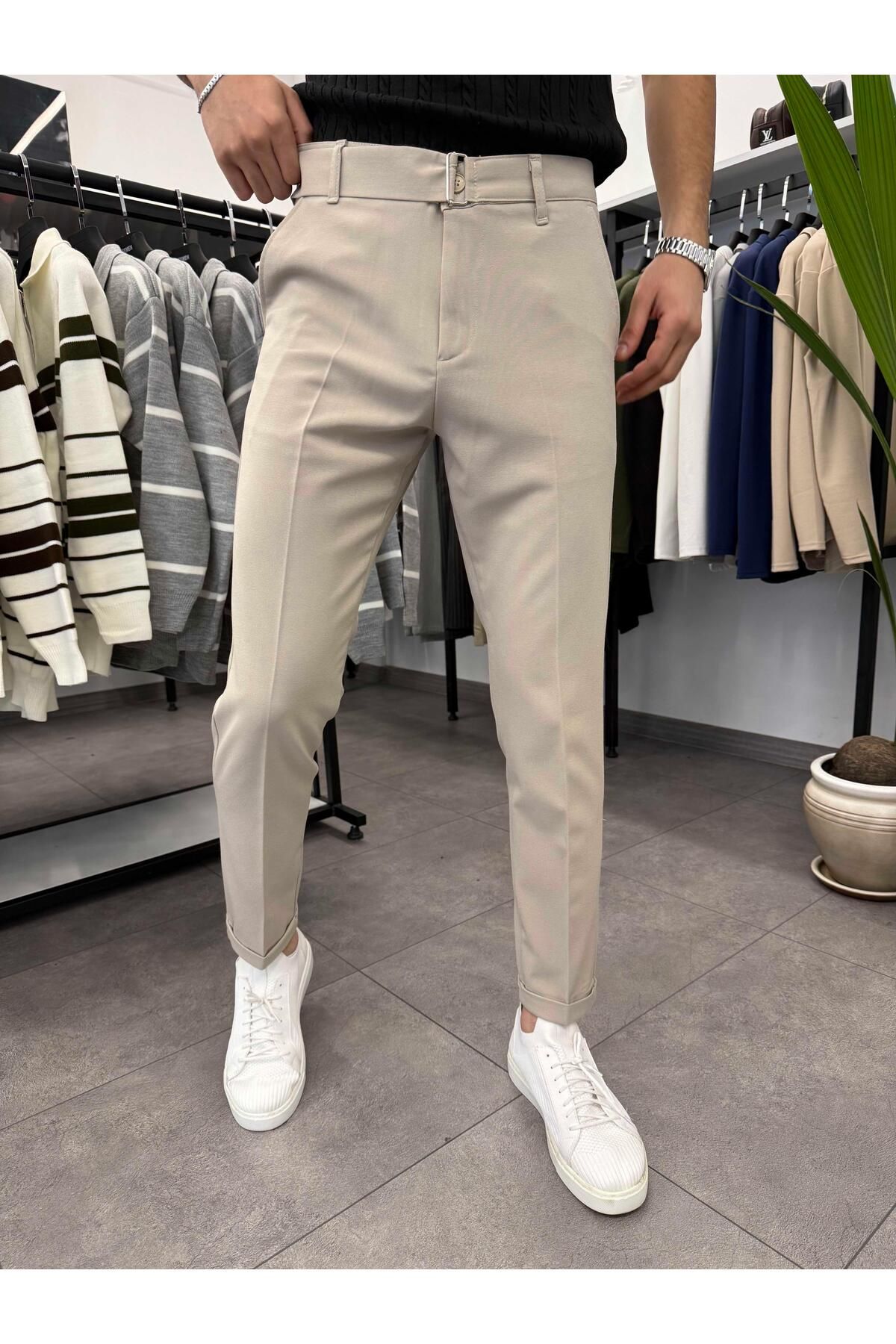 Butik Kemer Detaylı Duble Paça Kumaş Pantolon Bej