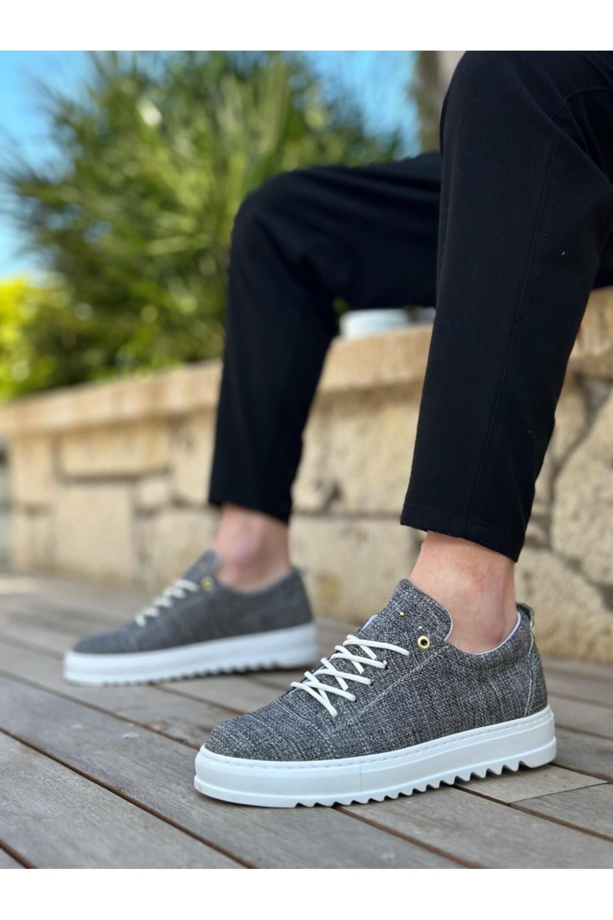 Byshoes BA0152 Bağcıklı Yüksek Taban Gri Kırçıllı Keten Erkek Ayakkabı