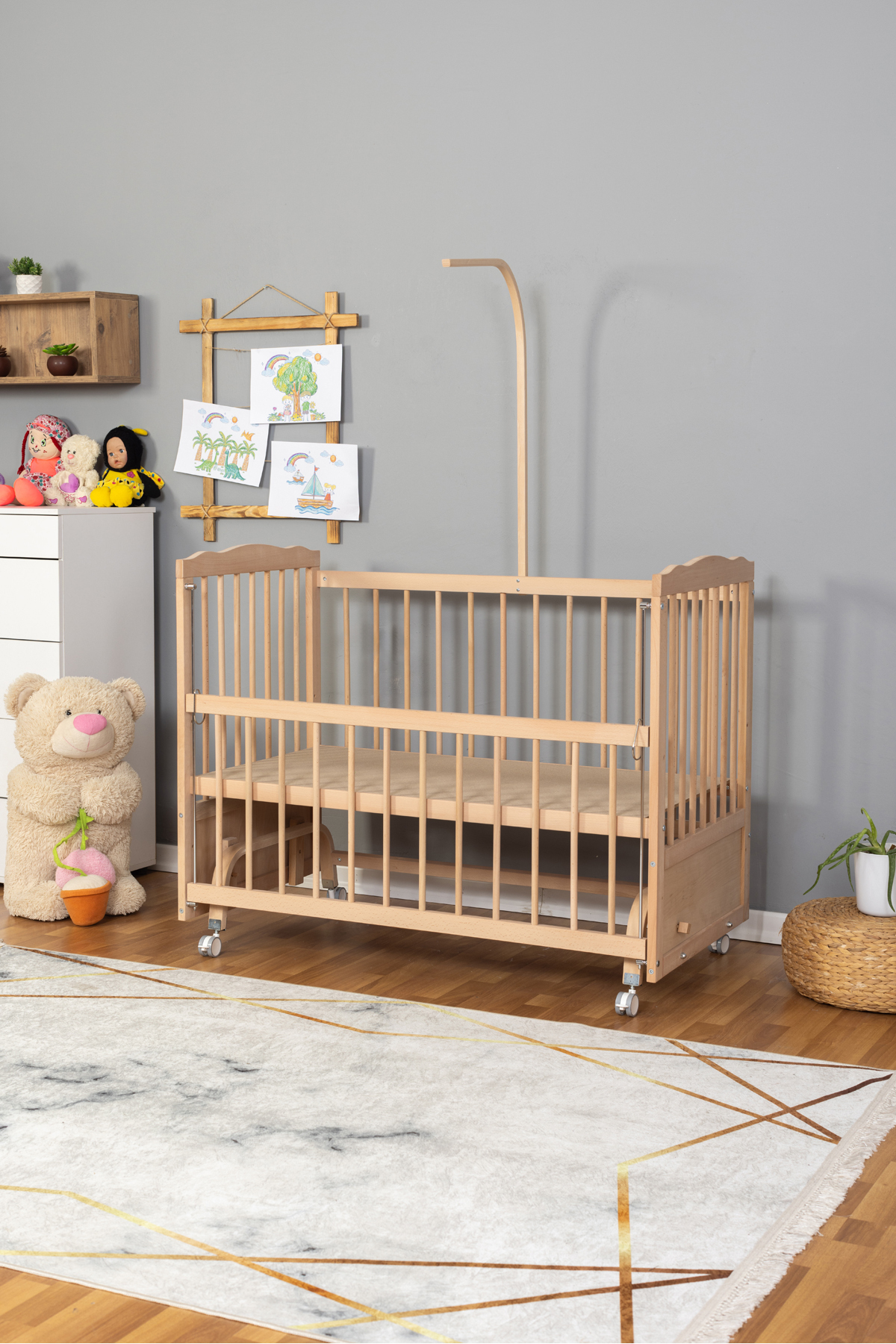 Bamgidoo Ahşap Beşik Anne Yanı Beşik Organik(Boyasız) 60x120-Pembe Yıldız 3 Yastık Uyku Seti+Yatak+Tekerlek fotoğrafı 5 (önizleme)