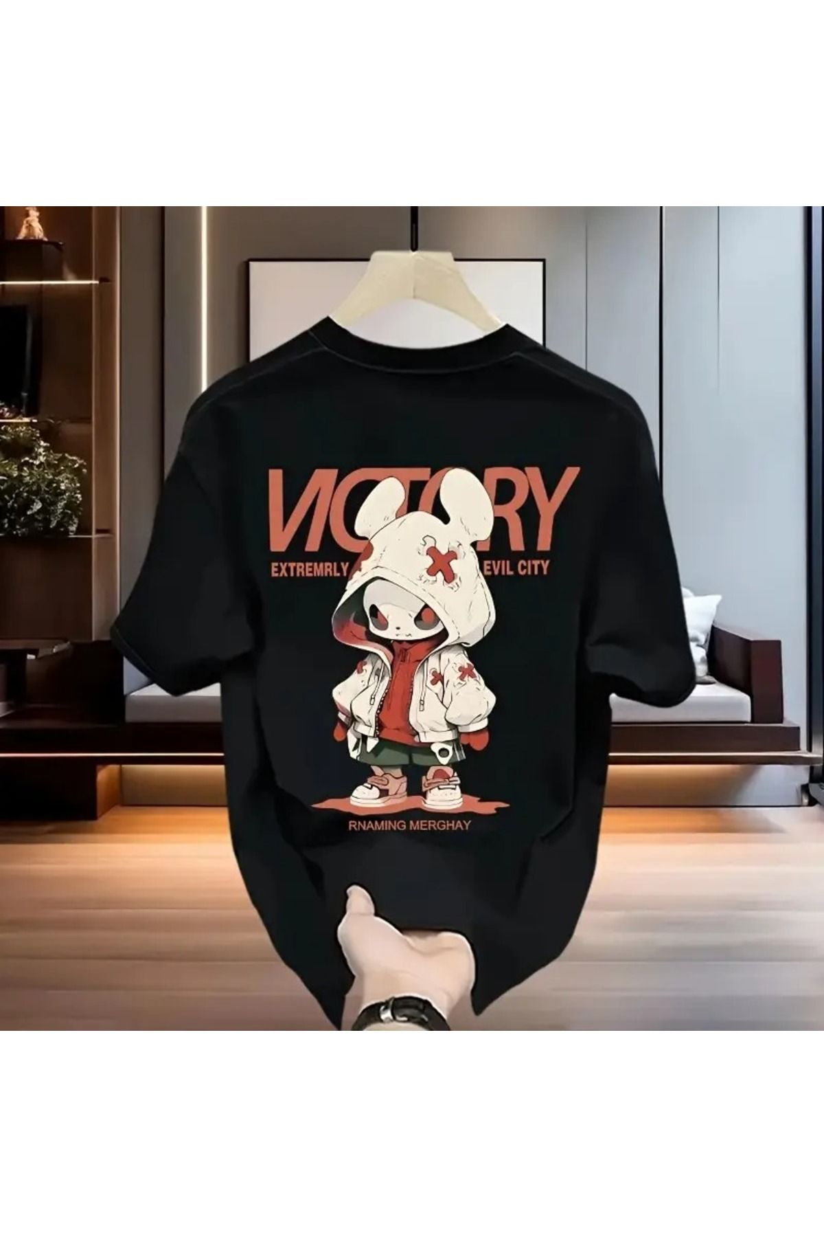 LAND MODA Erkekler için rahat "Zafer" grafik tişörtü - %100 pamuk, kısa kollu, yuvarlak yaka, bol kesim,