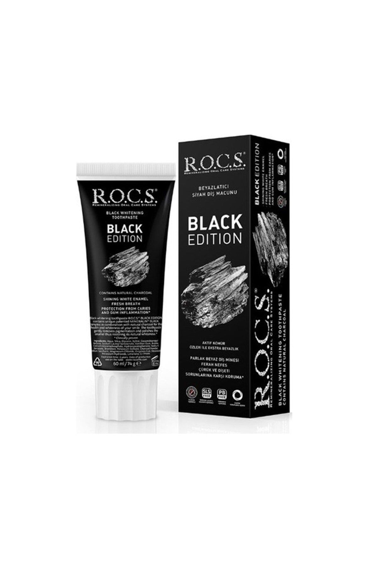 R.O.C.S. Black Edition Beyazlatıcı Diş Macunu 60 ml Kömür Özlü Florür, SLS ve yapay katkı maddeleri içermez