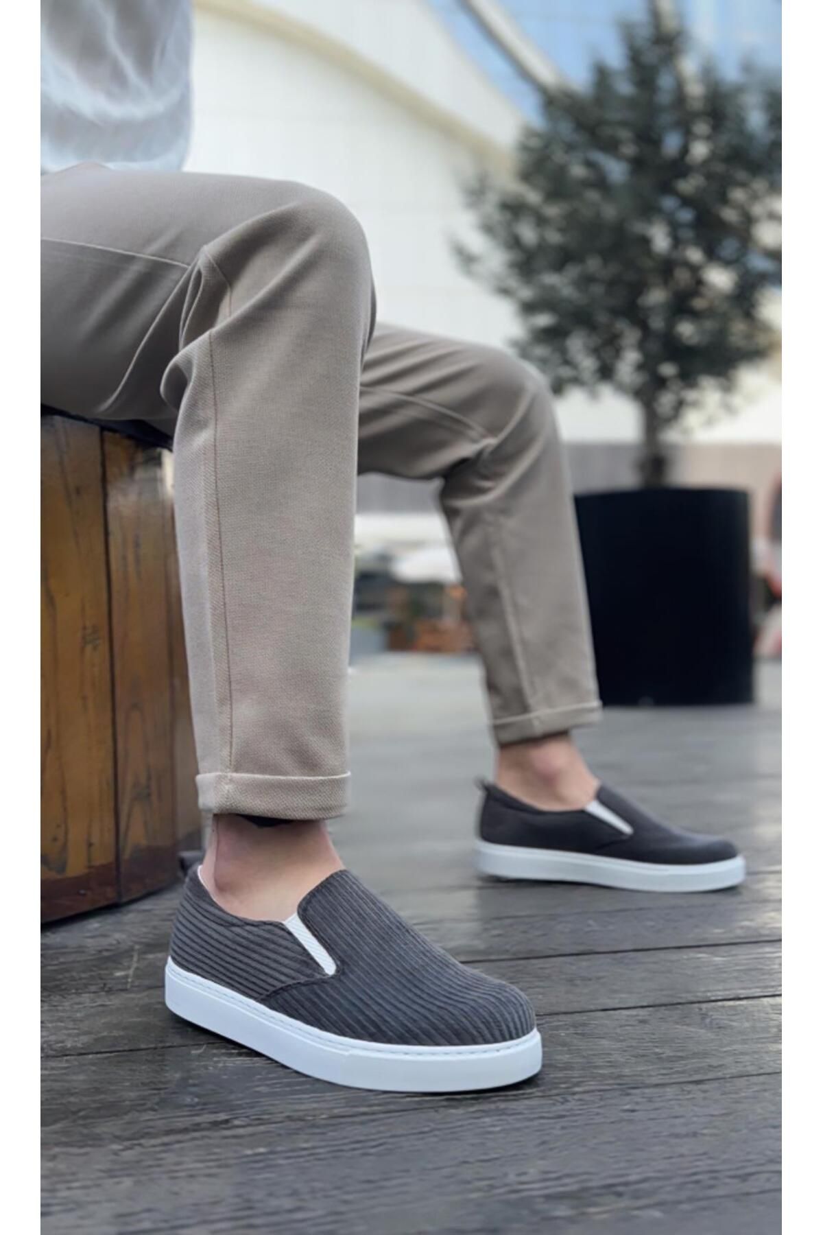 Byshoes BA0339 Bağcıksız Kadife Gri Beyaz Taban Günlük Erkek Ayakkabı