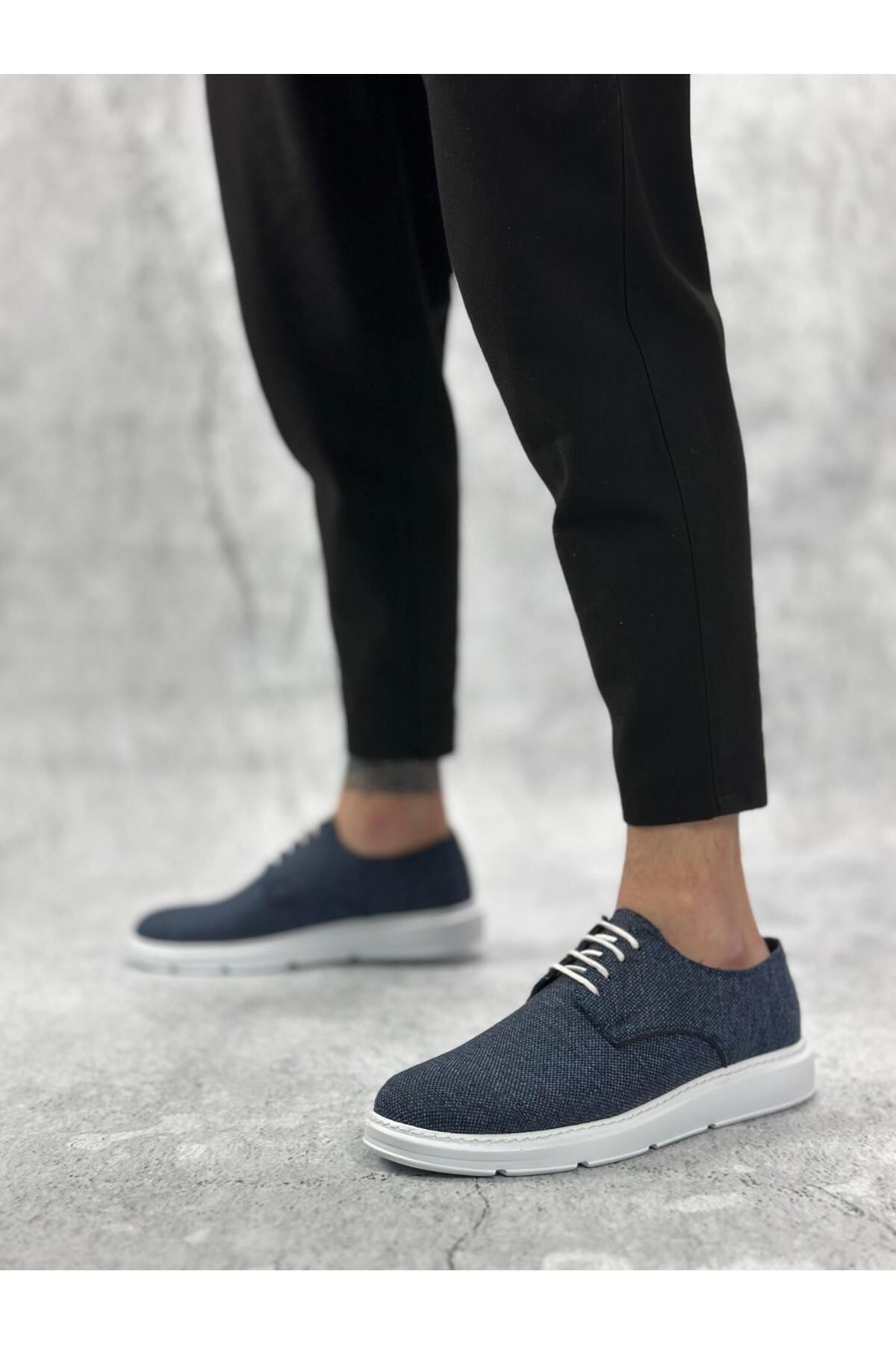 Byshoes BA0003 Bağcıklı Klasik Spor Keten Lacivert Beyaz Taban Casual Erkek Ayakkabı