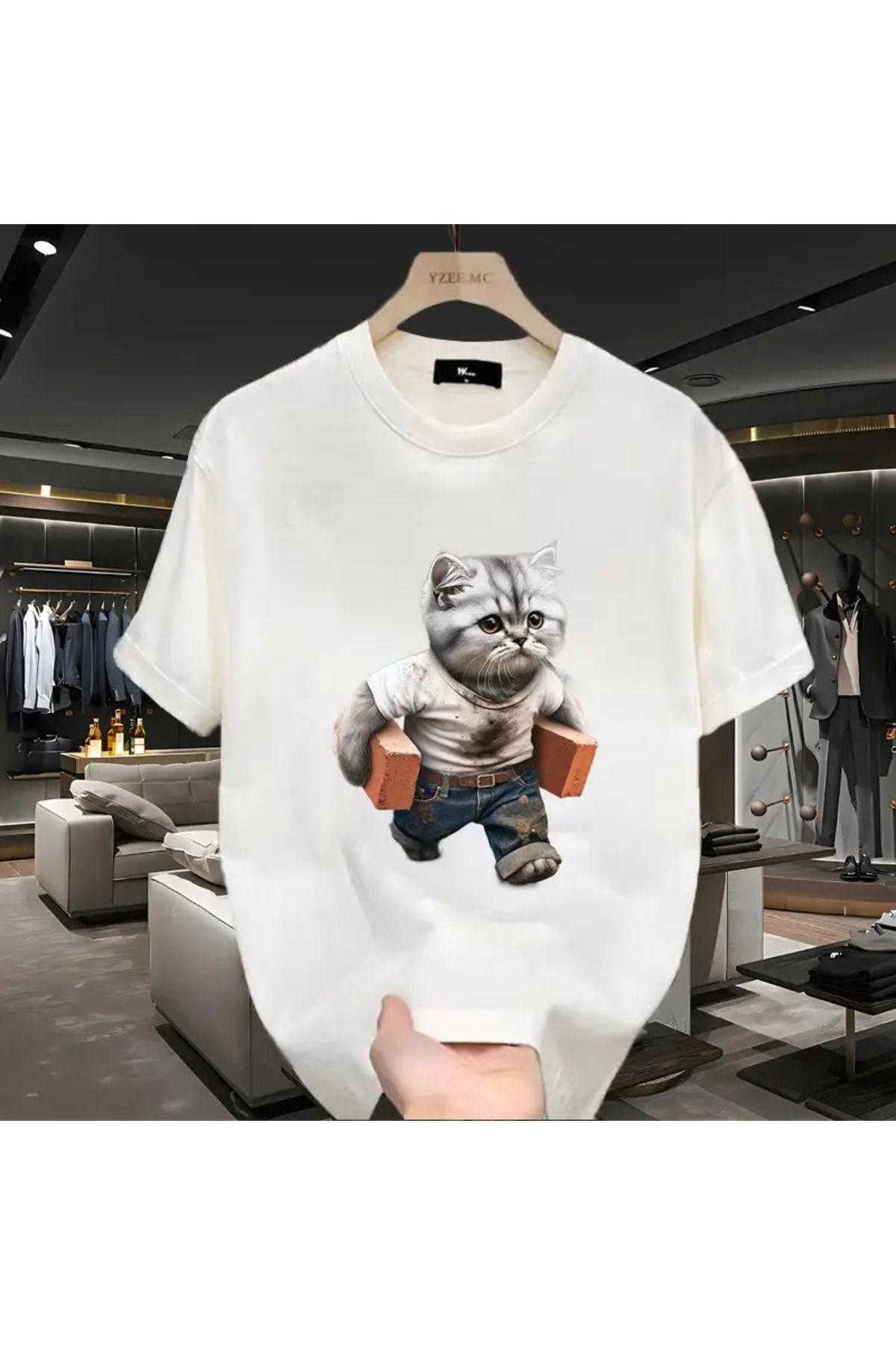 LAND MODA Erkekler için Eğlenceli Kedi & Tuğla Baskılı Pamuklu Tişört - Günlük Yuvarlak Yaka, Kısa Kollu