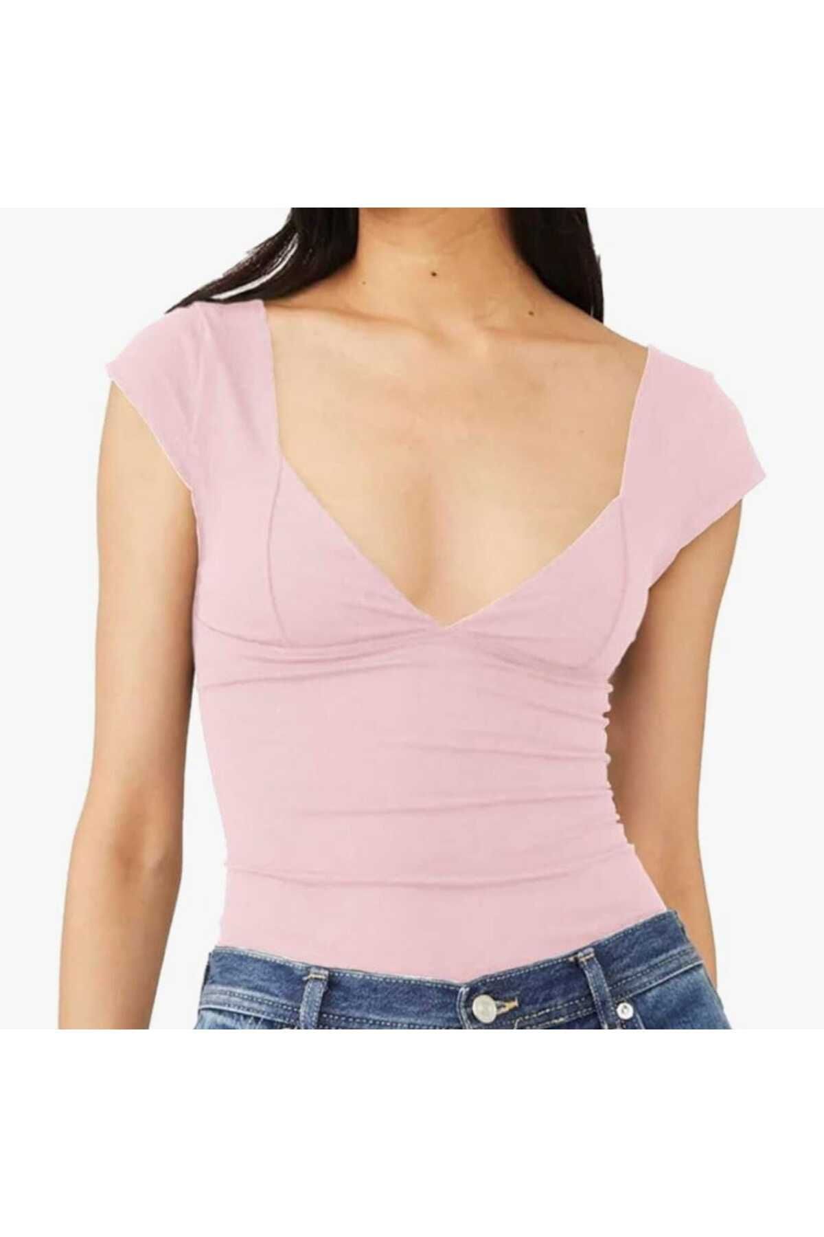 milio Kadın Kalp Yaka Vücuda Oturan Likralı T-shirt