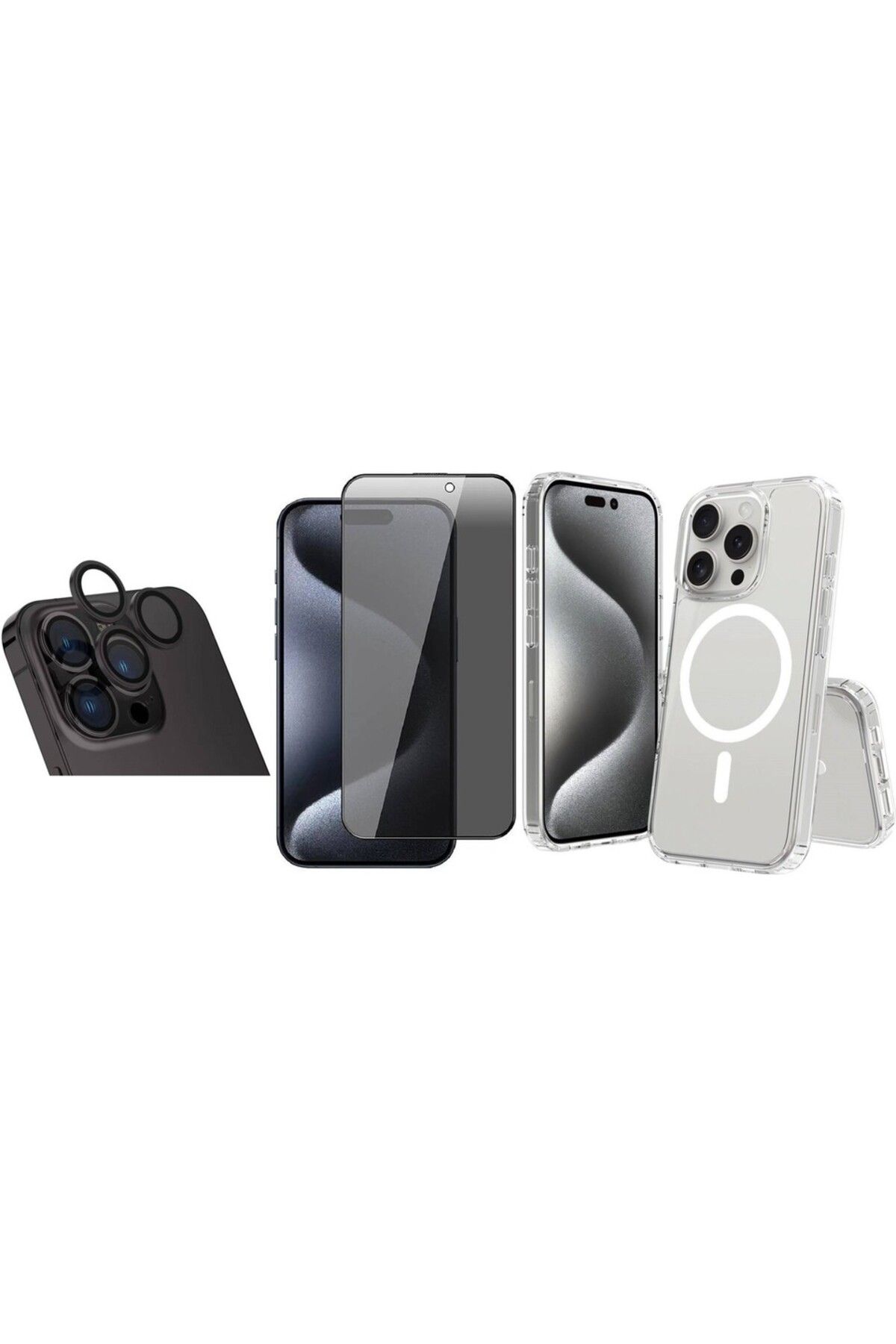 Vendas iPhone 15 Pro Max Kılıf M-safe Şarj Özellikli Sert PC Embos Kapak + Lens + Hayalet Ekran Koruyucu