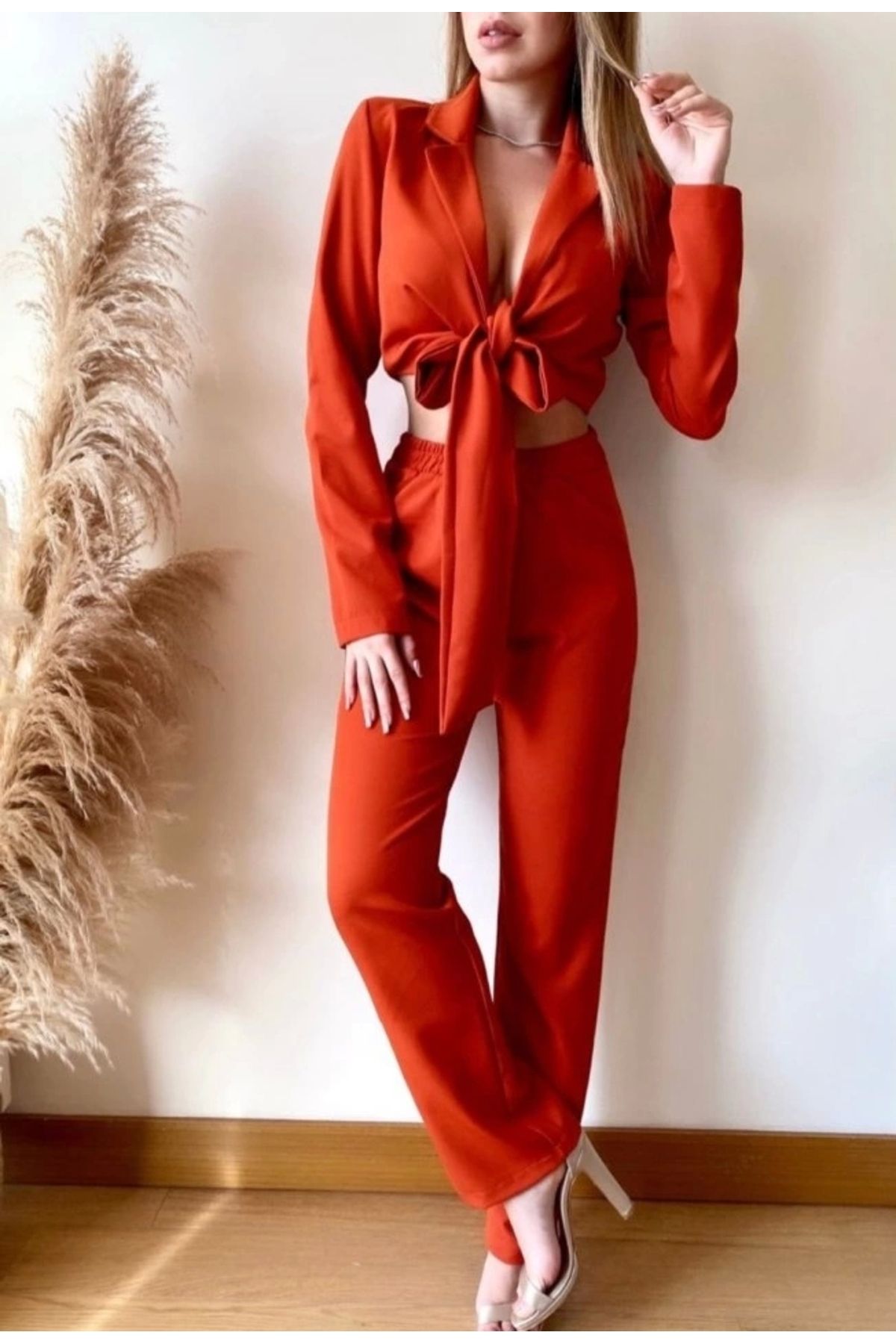 MODA Kadın Vatkalı Bağlamalı Bluz Pantolon Alt Ikili Takım