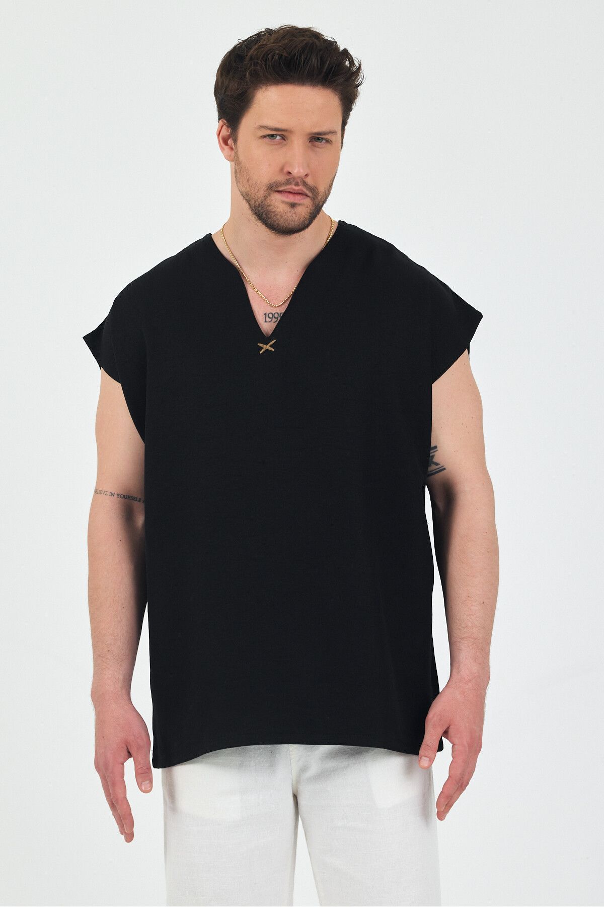 BABBOSS Keten Oversize V Yaka Sıfır Kol Gömlek